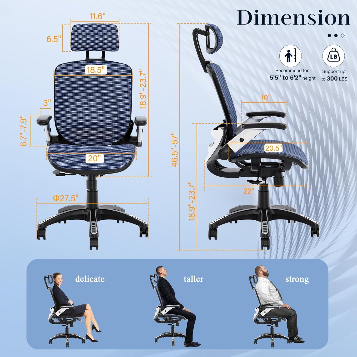 imageGABRYLLY Ergonomic Office Chair High Back Home Desk Chair with Headrest FlipUp Arms 90120 Tilt Lock and Wide Cushion Big and Tall Mesh Chairs for Man Woman Grey Task ChairNavy Blue