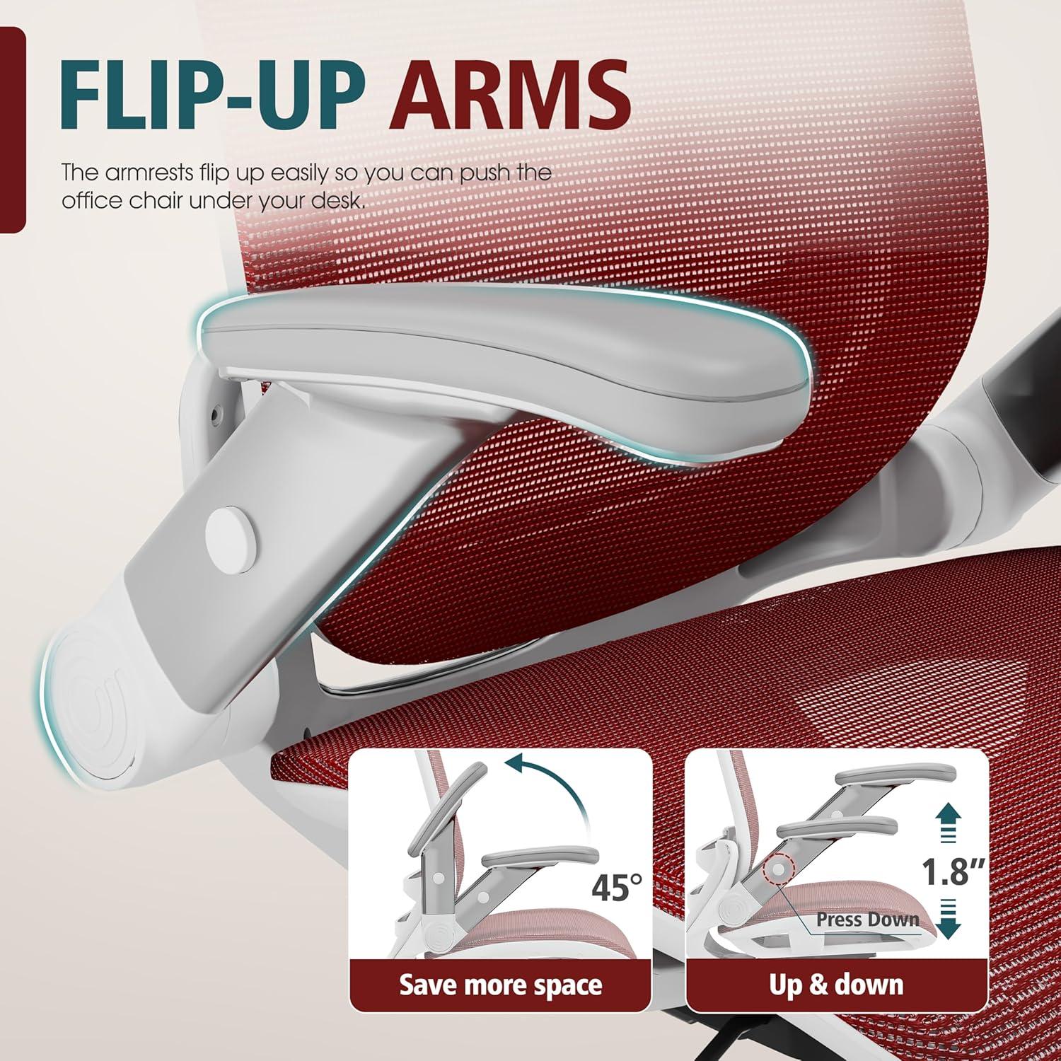 imageGABRYLLY Ergonomic Office Chair High Back Home Desk Chair with Headrest FlipUp Arms 90120 Tilt Lock and Wide Cushion Big and Tall Mesh Chairs for Man Woman Grey Task ChairWhite Frame Red Mesh