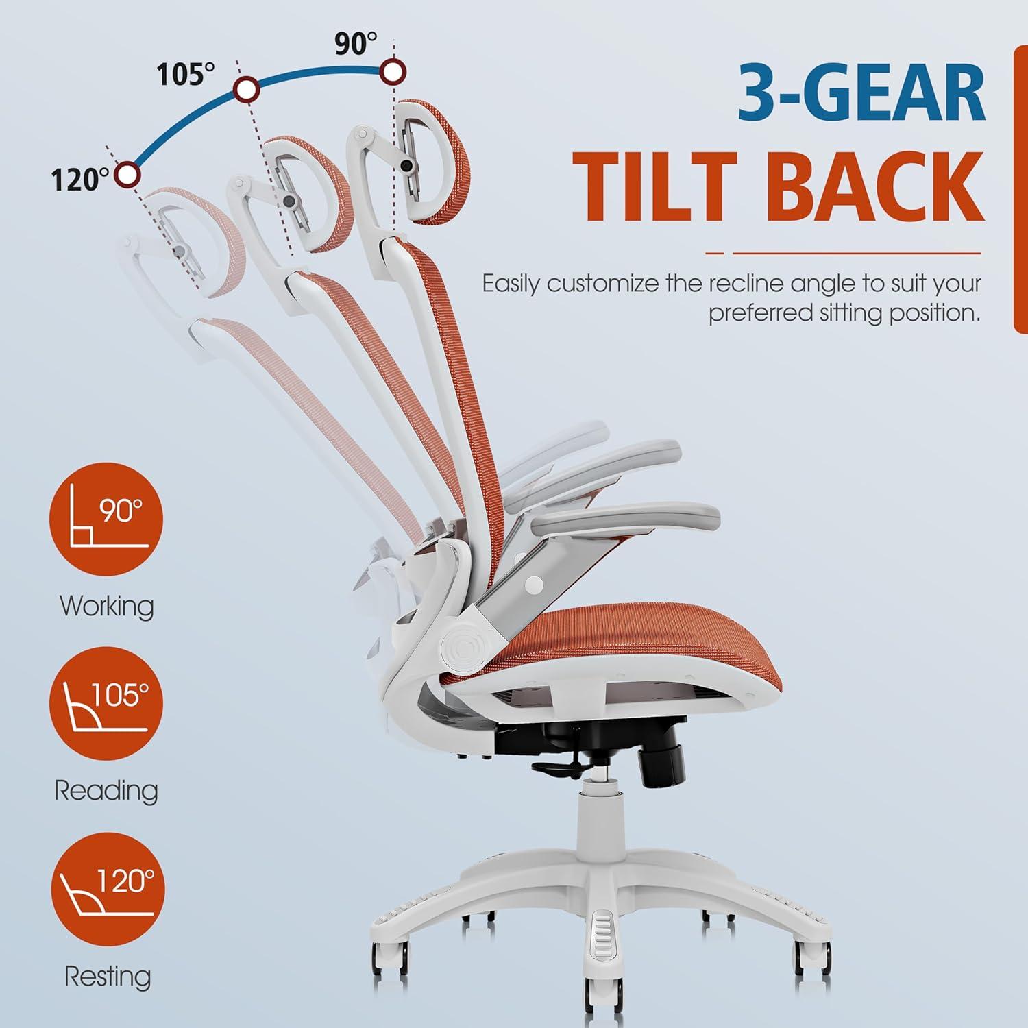 imageGABRYLLY Ergonomic Office Chair High Back Home Desk Chair with Headrest FlipUp Arms 90120 Tilt Lock and Wide Cushion Big and Tall Mesh Chairs for Man Woman Grey Task ChairWhite Frame Orange Mesh