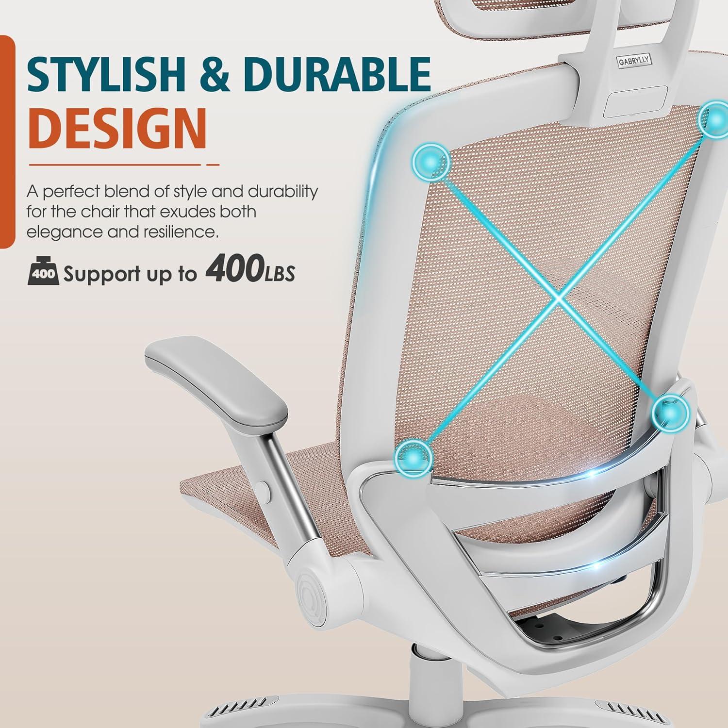 imageGABRYLLY Ergonomic Office Chair High Back Home Desk Chair with Headrest FlipUp Arms 90120 Tilt Lock and Wide Cushion Big and Tall Mesh Chairs for Man Woman Grey Task ChairWhite Frame Pink Mesh