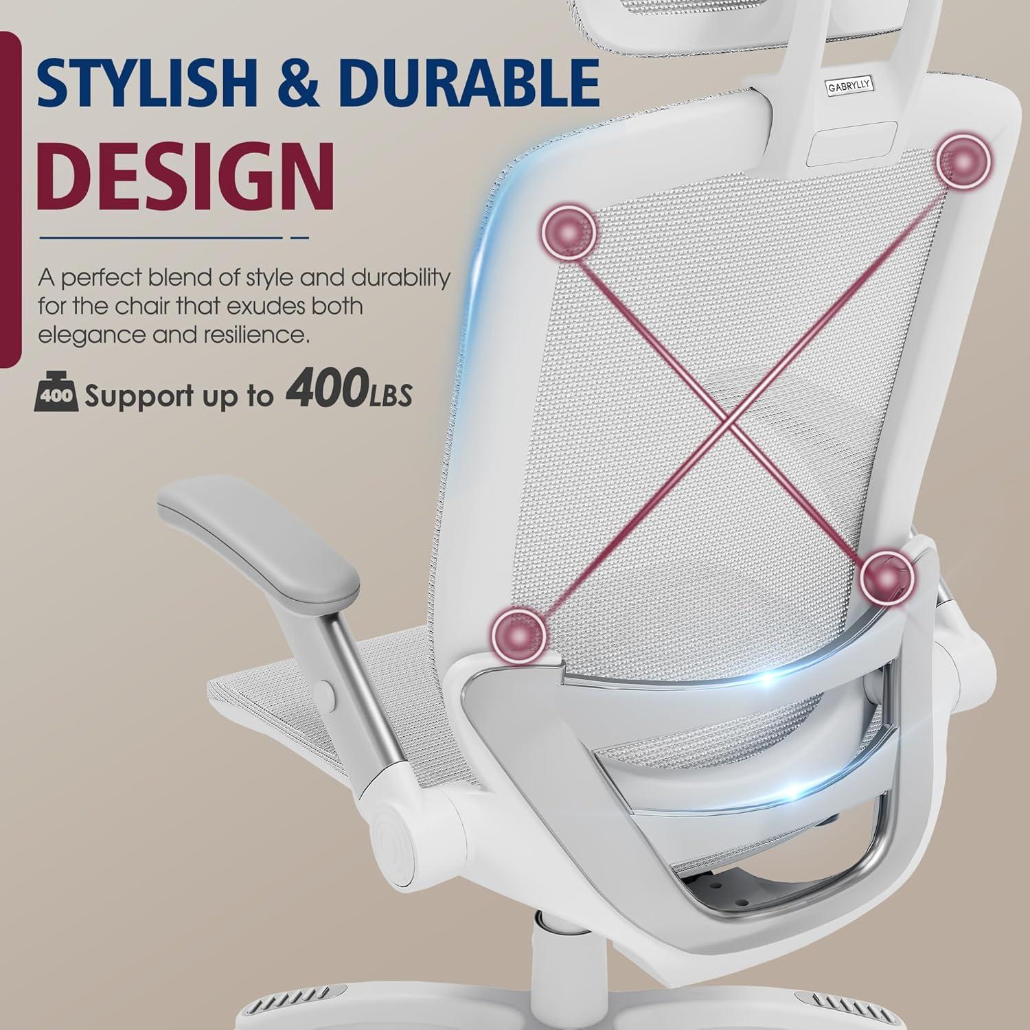 imageGABRYLLY Ergonomic Office Chair High Back Home Desk Chair with Headrest FlipUp Arms 90120 Tilt Lock and Wide Cushion Big and Tall Mesh Chairs for Man Woman Grey Task ChairWhite Frame Grey Mesh