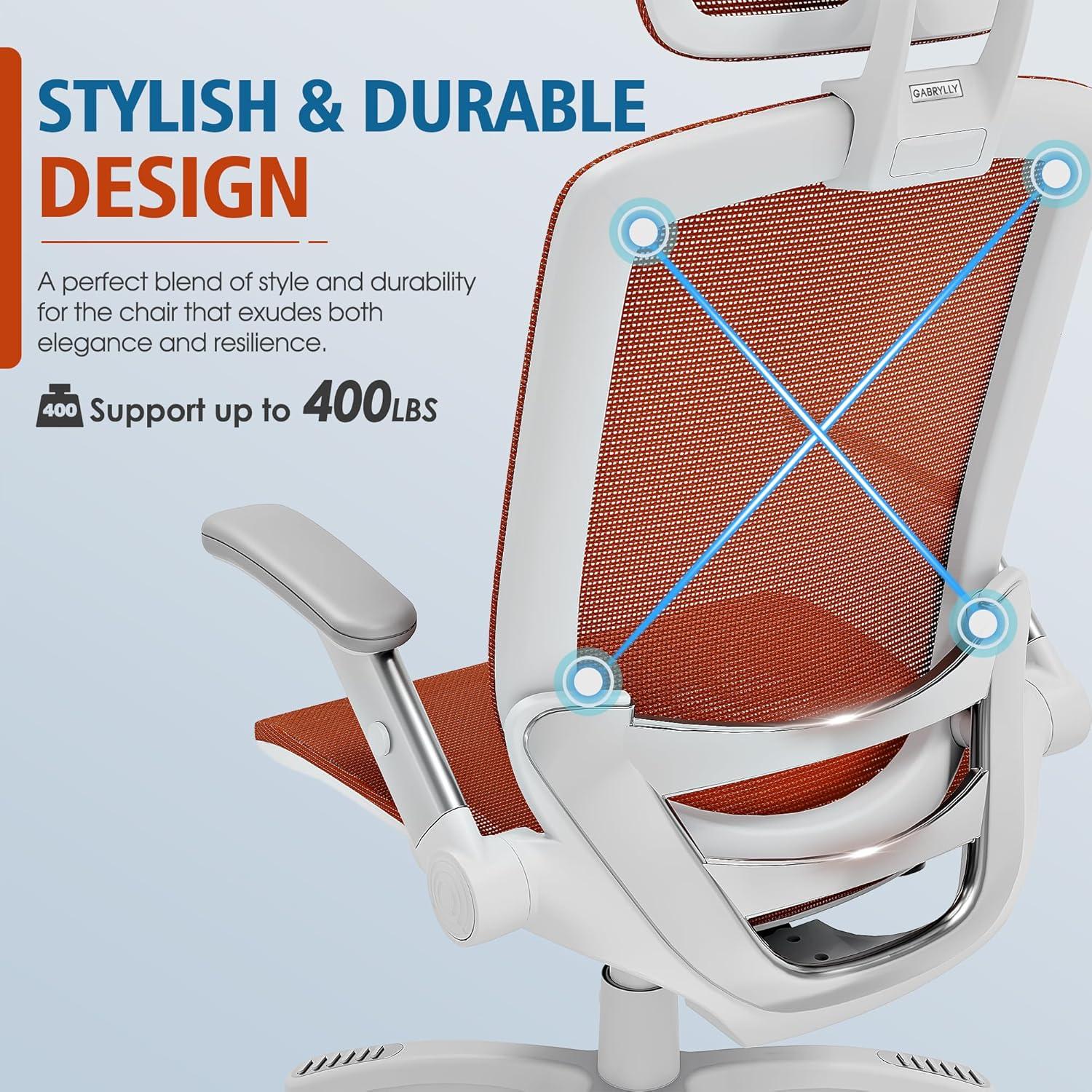 imageGABRYLLY Ergonomic Office Chair High Back Home Desk Chair with Headrest FlipUp Arms 90120 Tilt Lock and Wide Cushion Big and Tall Mesh Chairs for Man Woman Grey Task ChairWhite Frame Orange Mesh