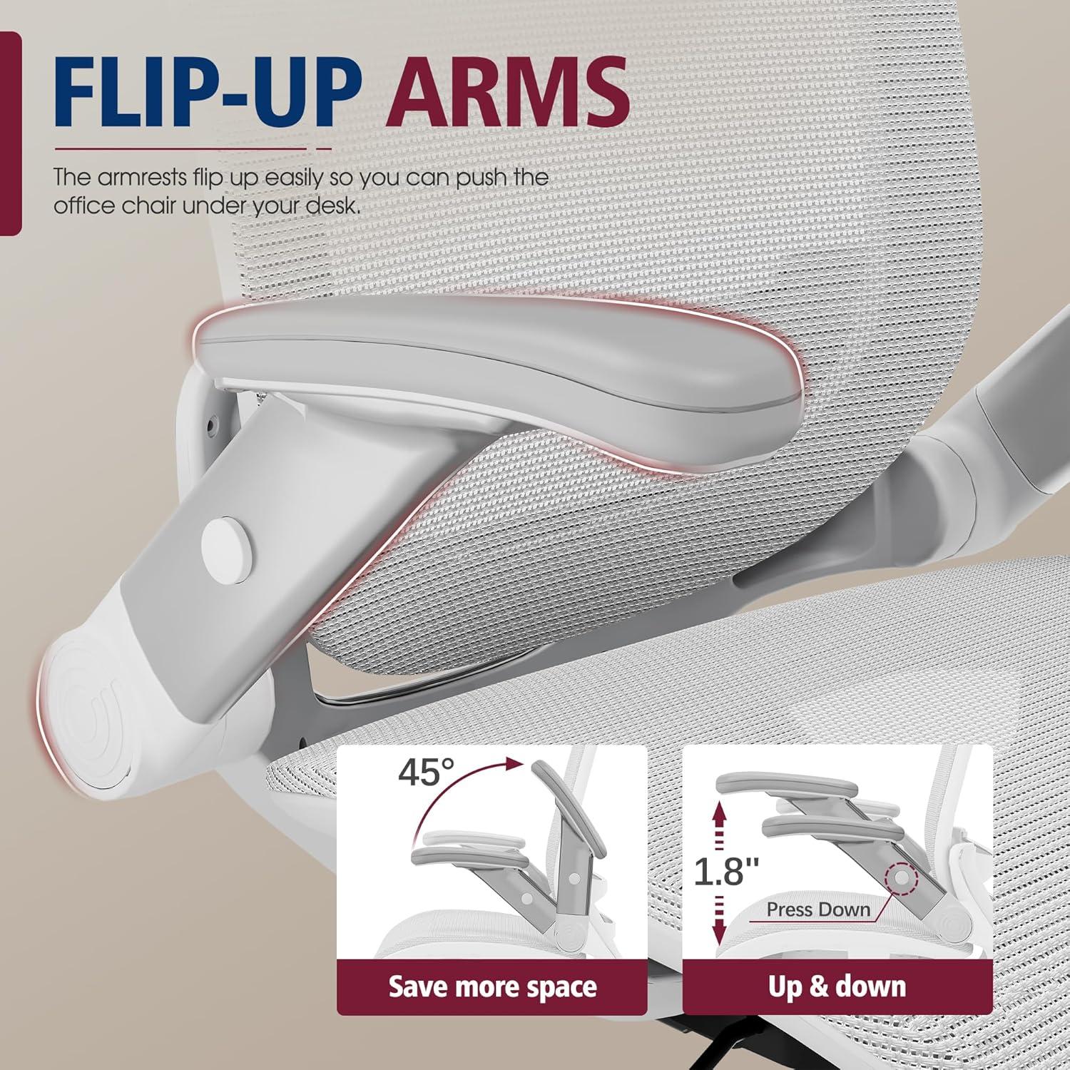 imageGABRYLLY Ergonomic Office Chair High Back Home Desk Chair with Headrest FlipUp Arms 90120 Tilt Lock and Wide Cushion Big and Tall Mesh Chairs for Man Woman Grey Task ChairWhite Frame Grey Mesh