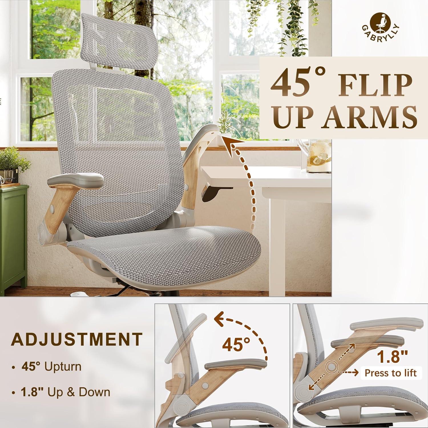 imageGABRYLLY Ergonomic Office Chair High Back Home Desk Chair with Headrest FlipUp Arms 90120 Tilt Lock and Wide Cushion Big and Tall Mesh Chairs for Man Woman Grey Task ChairWhite Frame Moon Grey Mesh