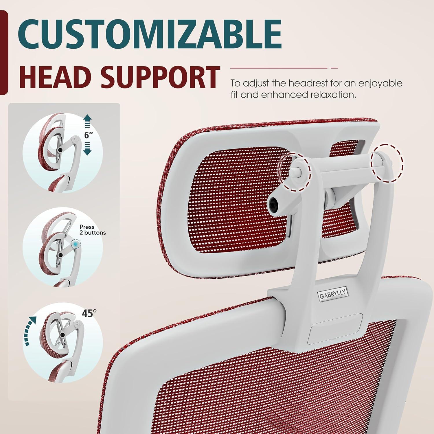 imageGABRYLLY Ergonomic Office Chair High Back Home Desk Chair with Headrest FlipUp Arms 90120 Tilt Lock and Wide Cushion Big and Tall Mesh Chairs for Man Woman Grey Task ChairWhite Frame Red Mesh
