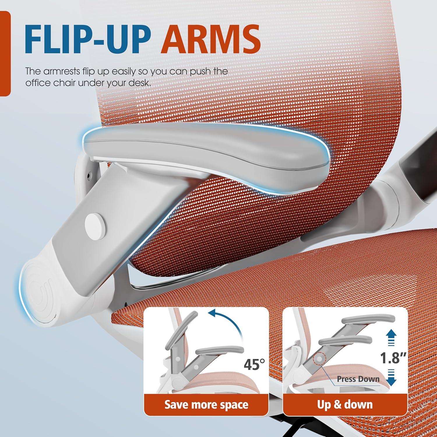 imageGABRYLLY Ergonomic Office Chair High Back Home Desk Chair with Headrest FlipUp Arms 90120 Tilt Lock and Wide Cushion Big and Tall Mesh Chairs for Man Woman Grey Task ChairWhite Frame Orange Mesh