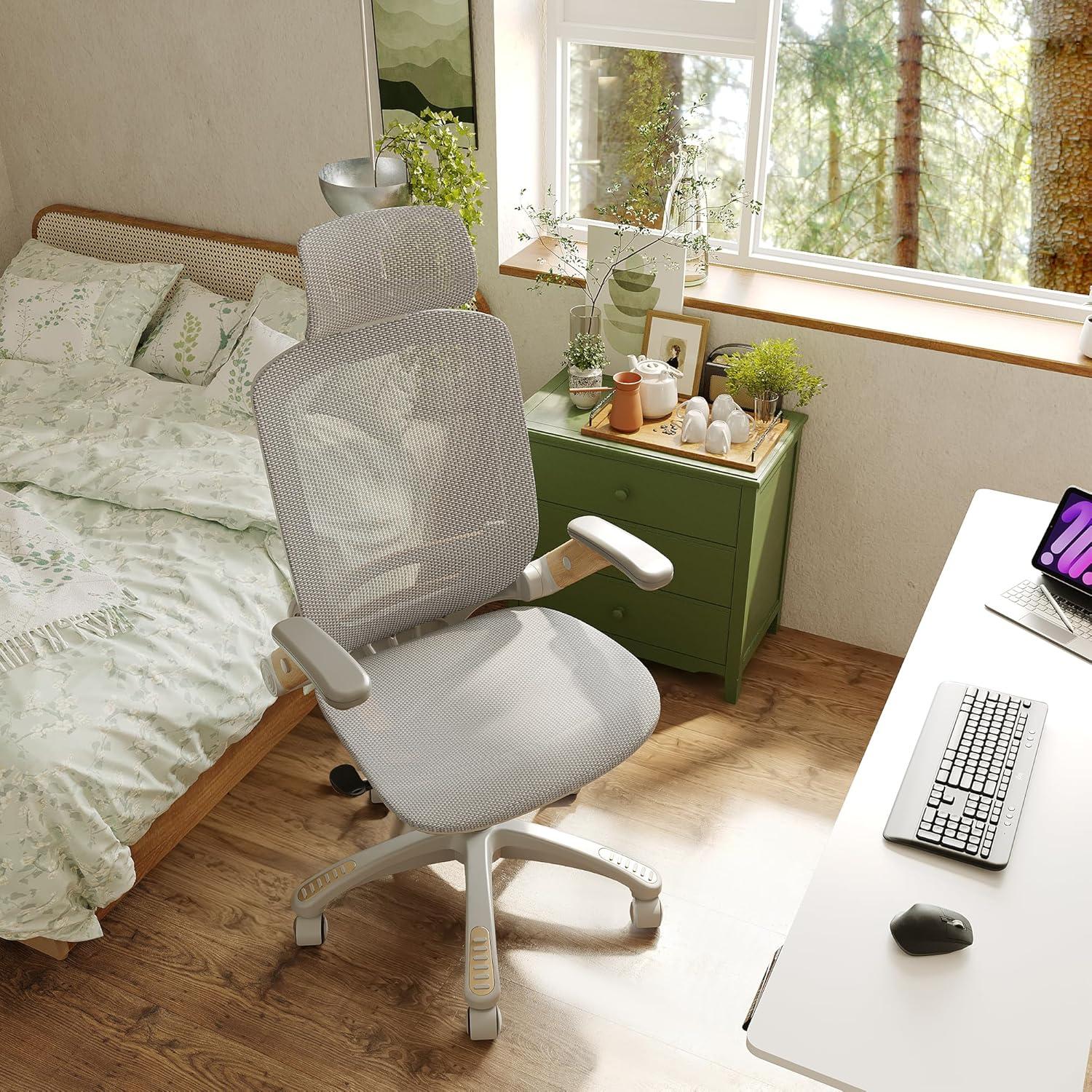 imageGABRYLLY Ergonomic Office Chair High Back Home Desk Chair with Headrest FlipUp Arms 90120 Tilt Lock and Wide Cushion Big and Tall Mesh Chairs for Man Woman Grey Task ChairWhite Frame Moon Grey Mesh