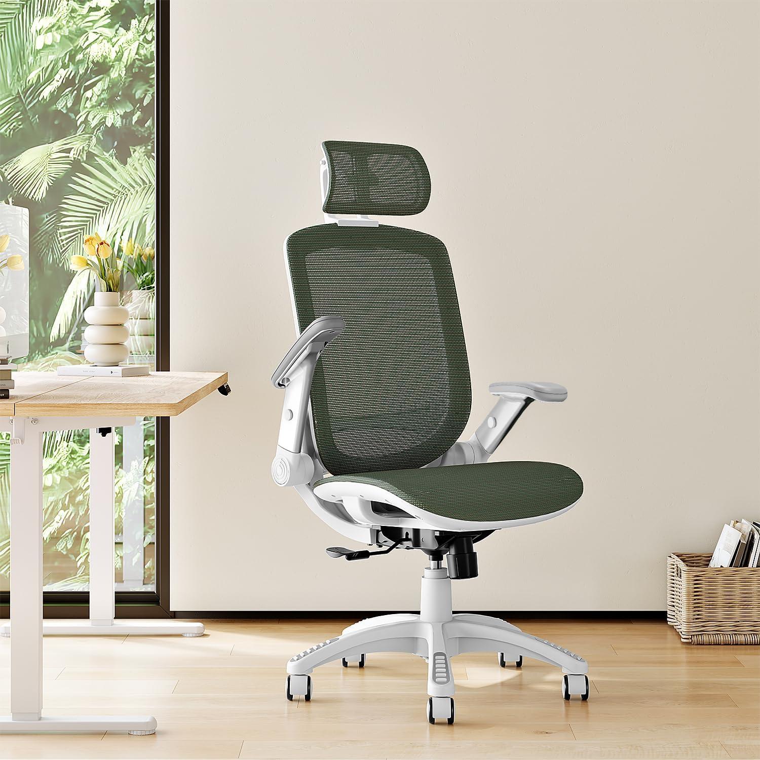 imageGABRYLLY Ergonomic Office Chair High Back Home Desk Chair with Headrest FlipUp Arms 90120 Tilt Lock and Wide Cushion Big and Tall Mesh Chairs for Man Woman Grey Task ChairWhite Frame Olive Green Mesh