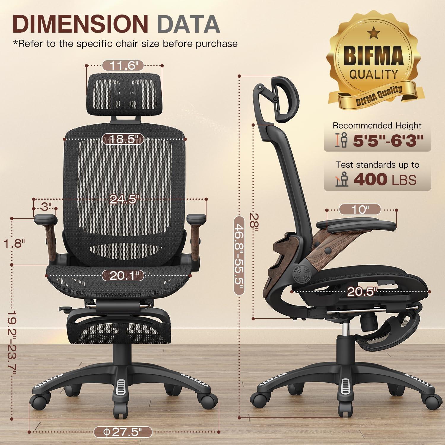 imageGABRYLLY Ergonomic Office Chair with Footrest 135 Reclining Desk Chair with Adjustable Lumbar Support3D ArmrestHeadrest ampamp Large Steel Base 300LBS Heavy Duty Mesh ChairBlack Frame Dark Woodgrain