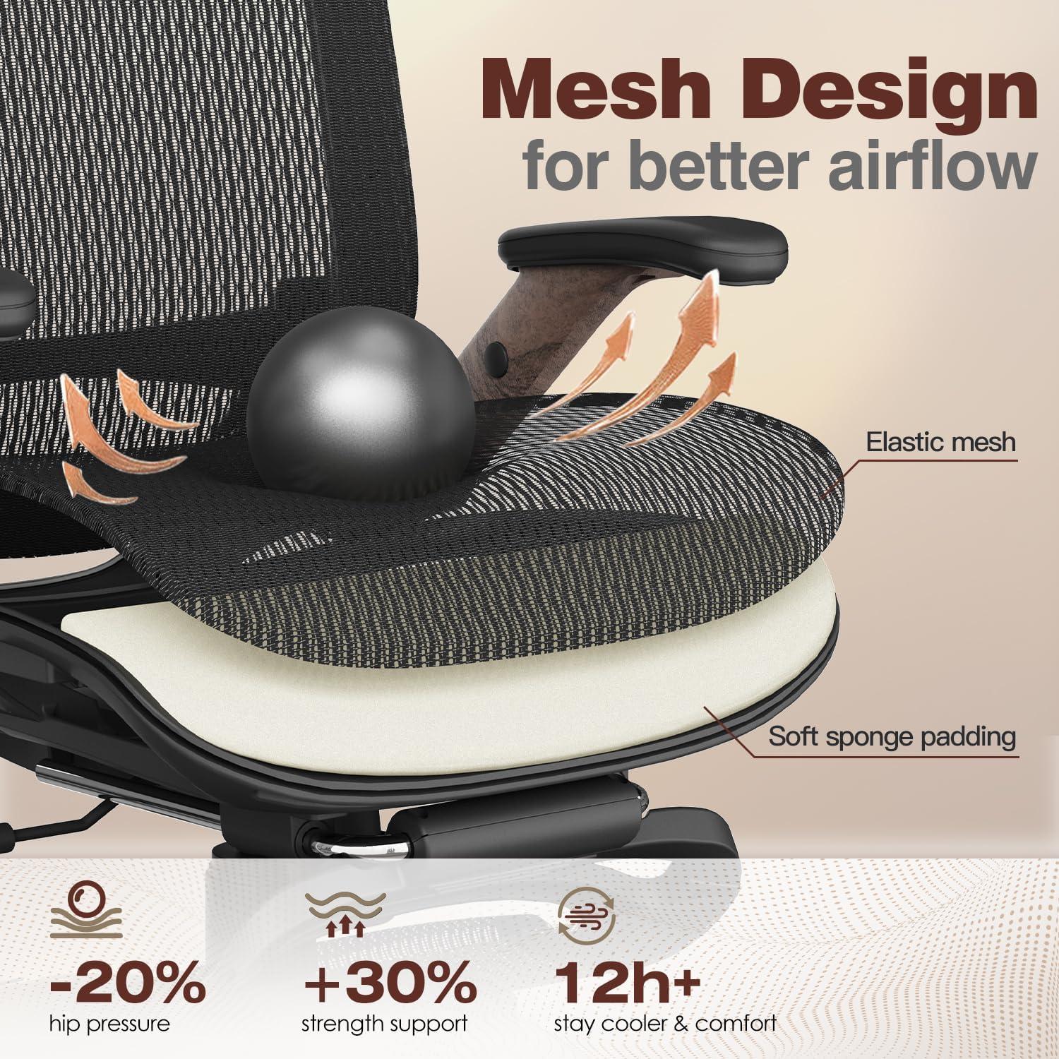 imageGABRYLLY Ergonomic Office Chair with Footrest 135 Reclining Desk Chair with Adjustable Lumbar Support3D ArmrestHeadrest ampamp Large Steel Base 300LBS Heavy Duty Mesh ChairBlack Frame Dark Woodgrain