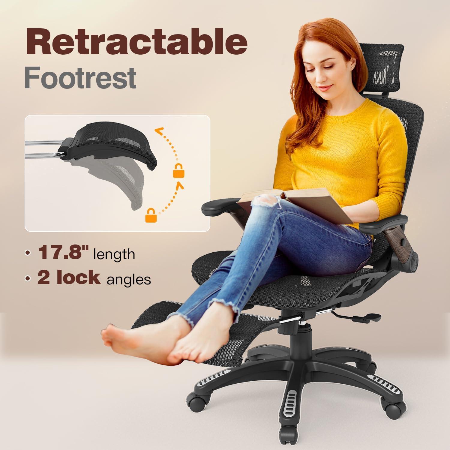 imageGABRYLLY Ergonomic Office Chair with Footrest 135 Reclining Desk Chair with Adjustable Lumbar Support3D ArmrestHeadrest ampamp Large Steel Base 300LBS Heavy Duty Mesh ChairBlack Frame Dark Woodgrain