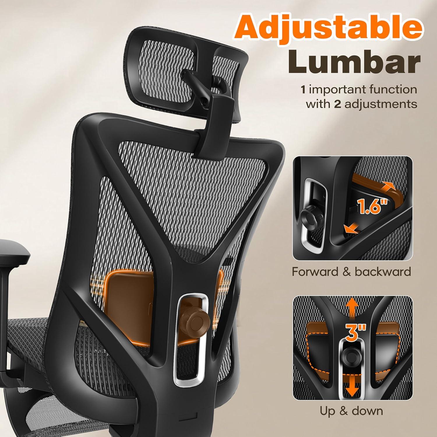 imageGABRYLLY Ergonomic Office Chair with Footrest 135 Reclining Desk Chair with Adjustable Lumbar Support3D ArmrestHeadrest ampamp Large Steel Base 300LBS Heavy Duty Mesh ChairOnyx Black