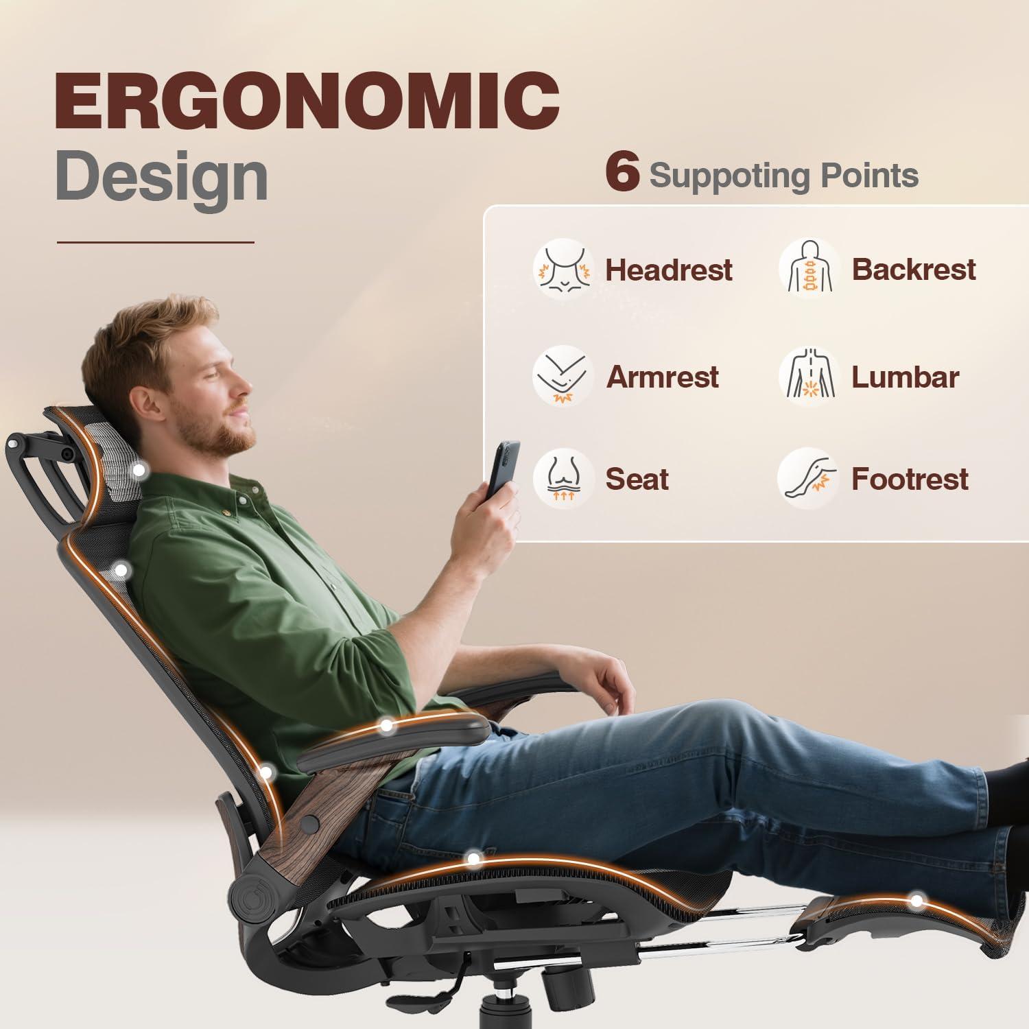 imageGABRYLLY Ergonomic Office Chair with Footrest 135 Reclining Desk Chair with Adjustable Lumbar Support3D ArmrestHeadrest ampamp Large Steel Base 300LBS Heavy Duty Mesh ChairBlack Frame Dark Woodgrain