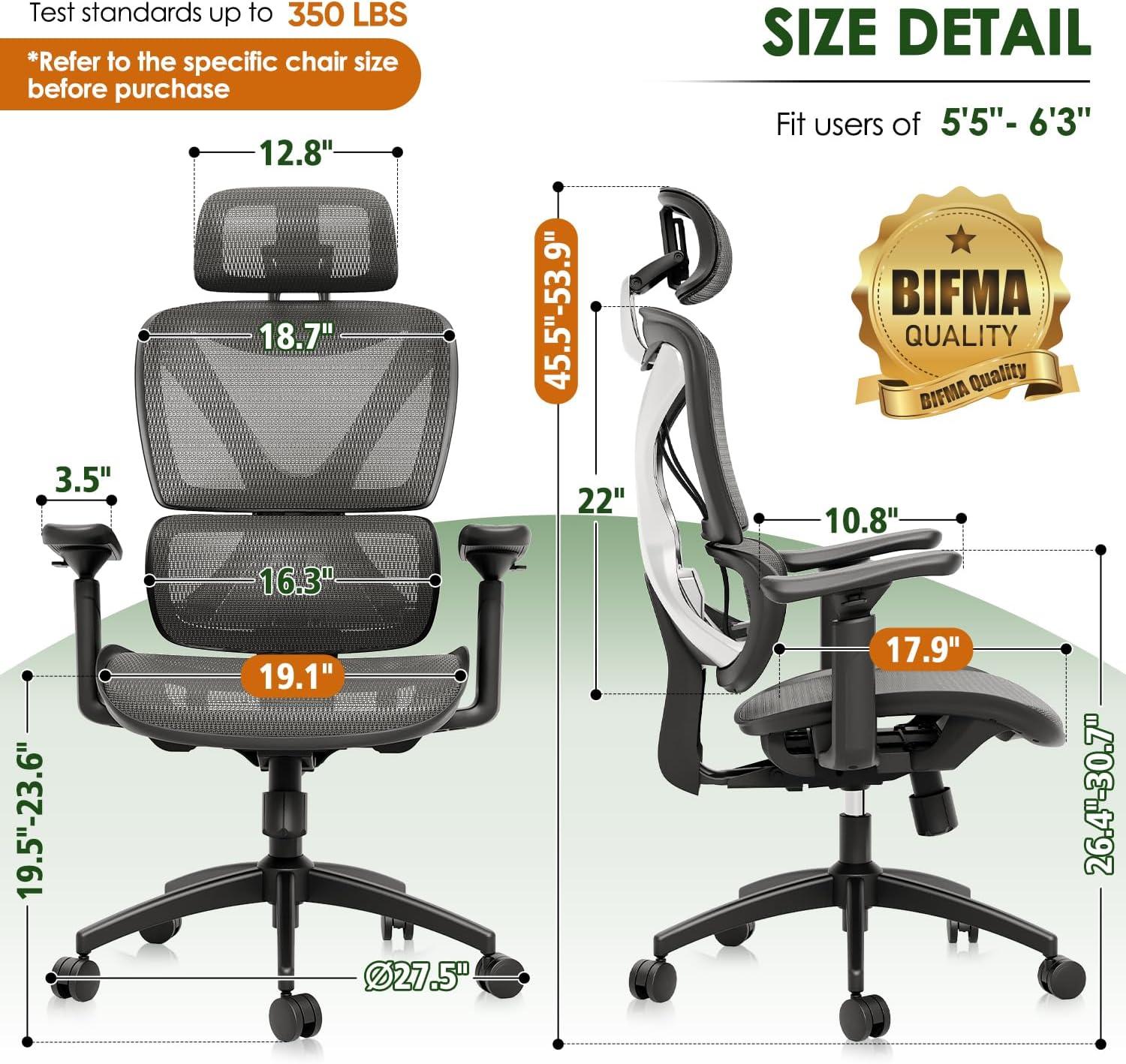 imageGABRYLLY Ergonomic Office Chair with Lumbar Support Big and Tall Mesh Chairs with Adjustable 3D Arms Headrest ampamp Soft Seat Large Desk Chair for Home GamingBlackGrey