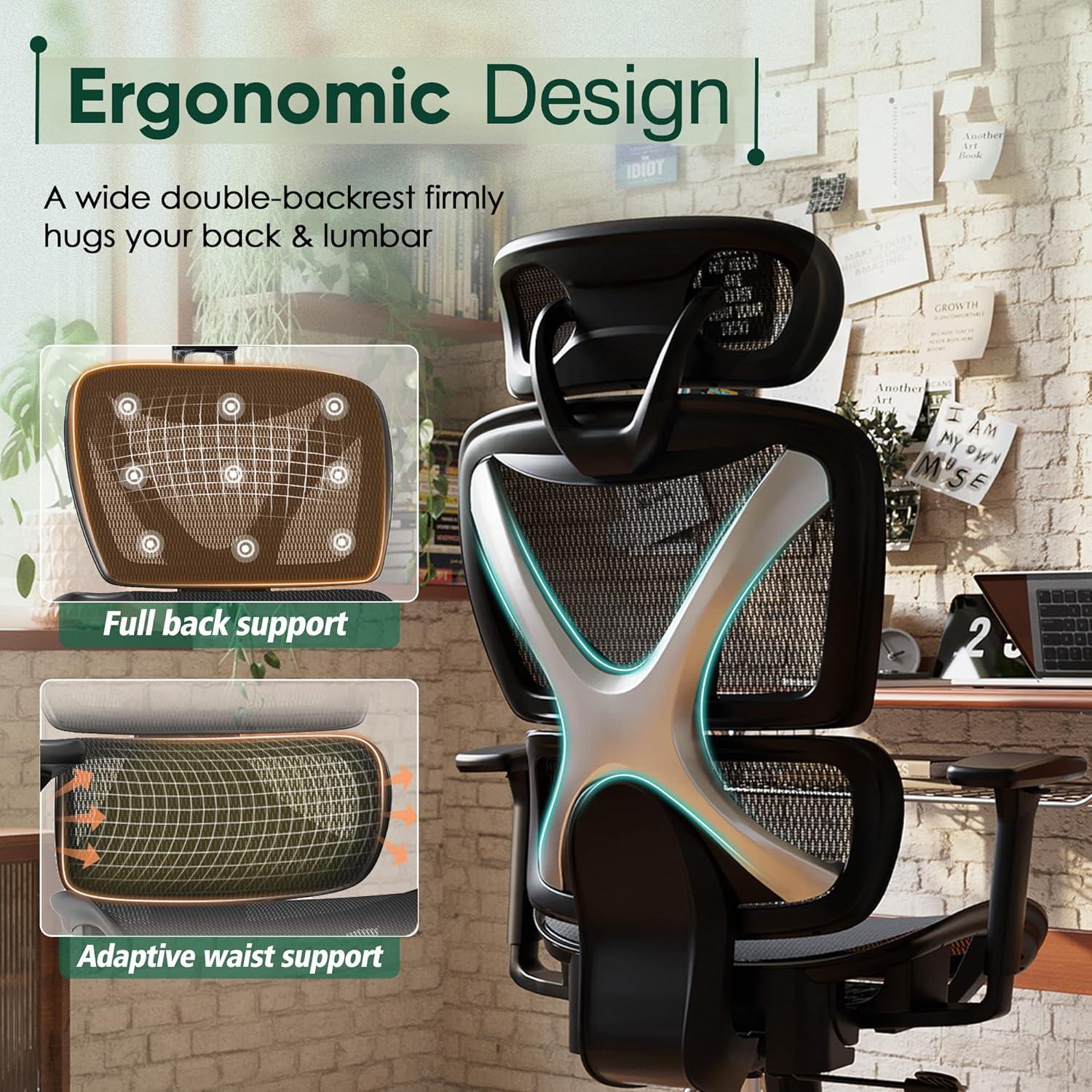 imageGABRYLLY Ergonomic Office Chair with Lumbar Support Big and Tall Mesh Chairs with Adjustable 3D Arms Headrest ampamp Soft Seat Large Desk Chair for Home GamingBlackBlack