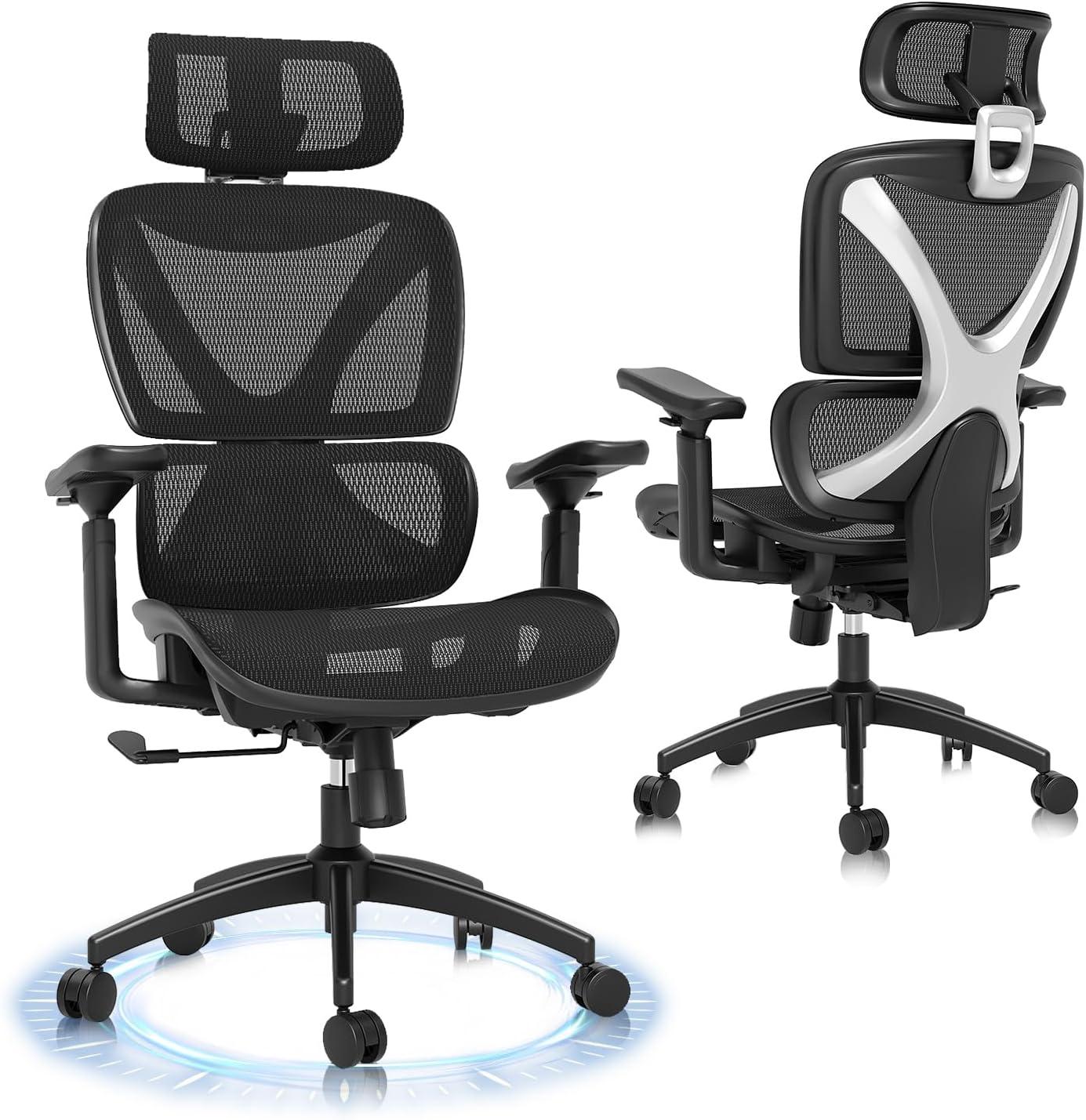 imageGABRYLLY Ergonomic Office Chair with Lumbar Support Big and Tall Mesh Chairs with Adjustable 3D Arms Headrest ampamp Soft Seat Large Desk Chair for Home GamingBlackBlack