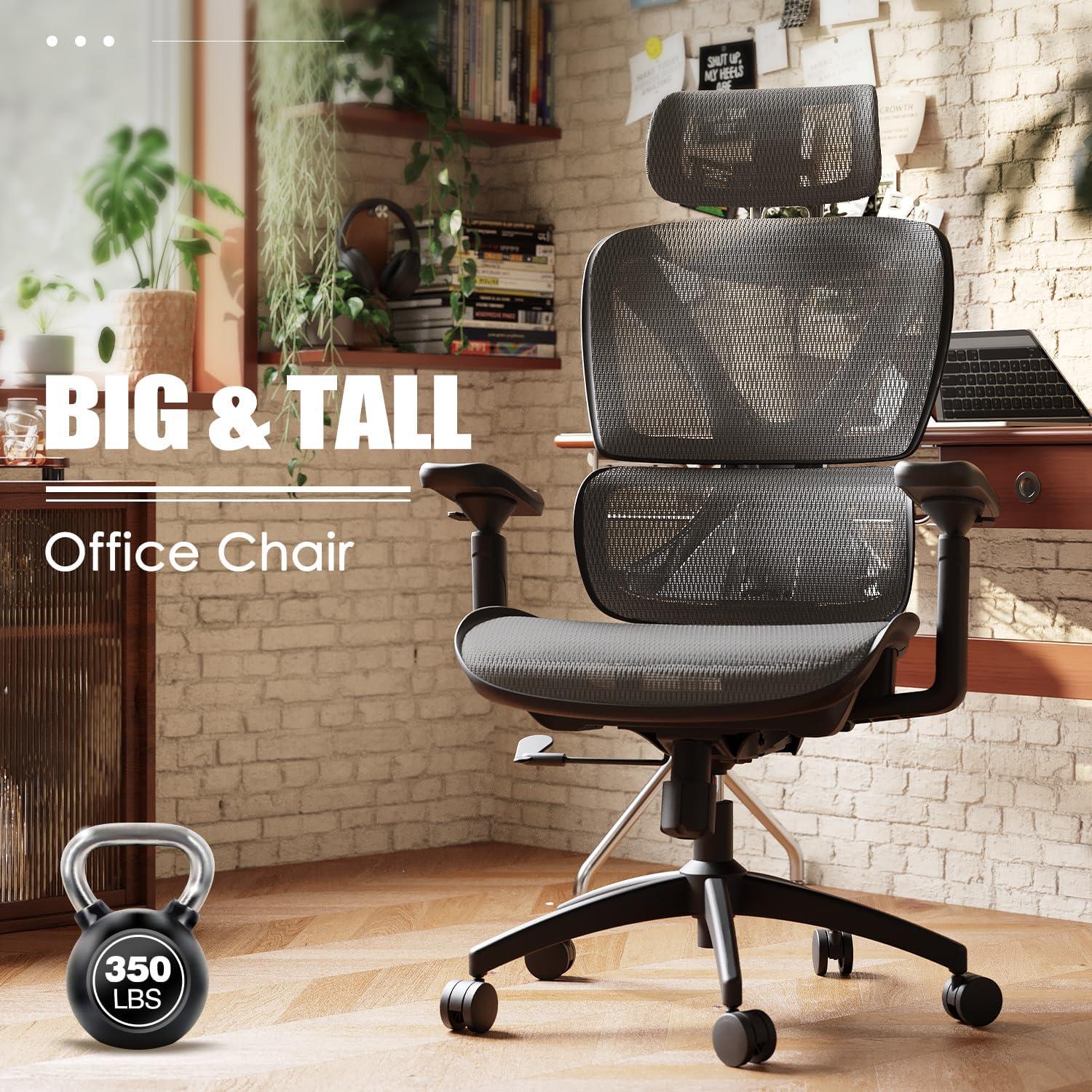 imageGABRYLLY Ergonomic Office Chair with Lumbar Support Big and Tall Mesh Chairs with Adjustable 3D Arms Headrest ampamp Soft Seat Large Desk Chair for Home GamingBlackGrey