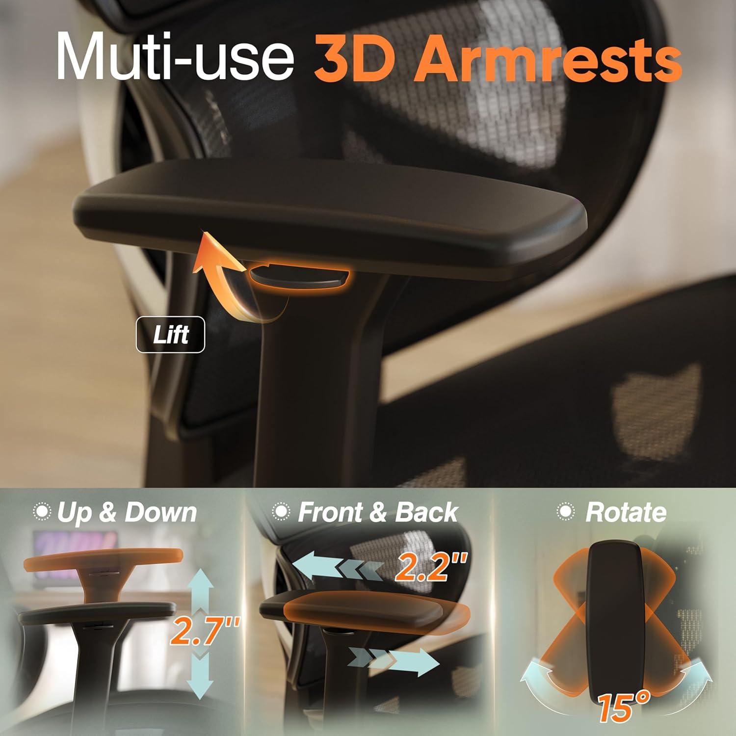 imageGABRYLLY Ergonomic Office Chair with Lumbar Support Big and Tall Mesh Chairs with Adjustable 3D Arms Headrest ampamp Soft Seat Large Desk Chair for Home GamingBlackBlack