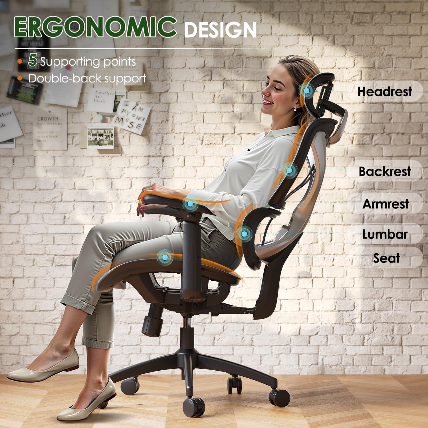 imageGABRYLLY Ergonomic Office Chair with Lumbar Support Big and Tall Mesh Chairs with Adjustable 3D Arms Headrest ampamp Soft Seat Large Desk Chair for Home GamingBlackGrey
