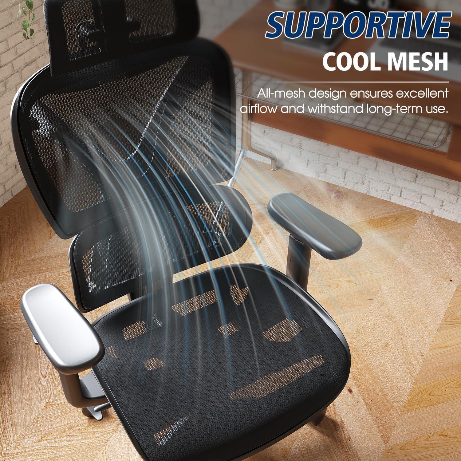 imageGABRYLLY Ergonomic Office Chair with Lumbar Support Big and Tall Mesh Chairs with Adjustable 3D Arms Headrest ampamp Soft Seat Large Desk Chair for Home GamingBlackBlack