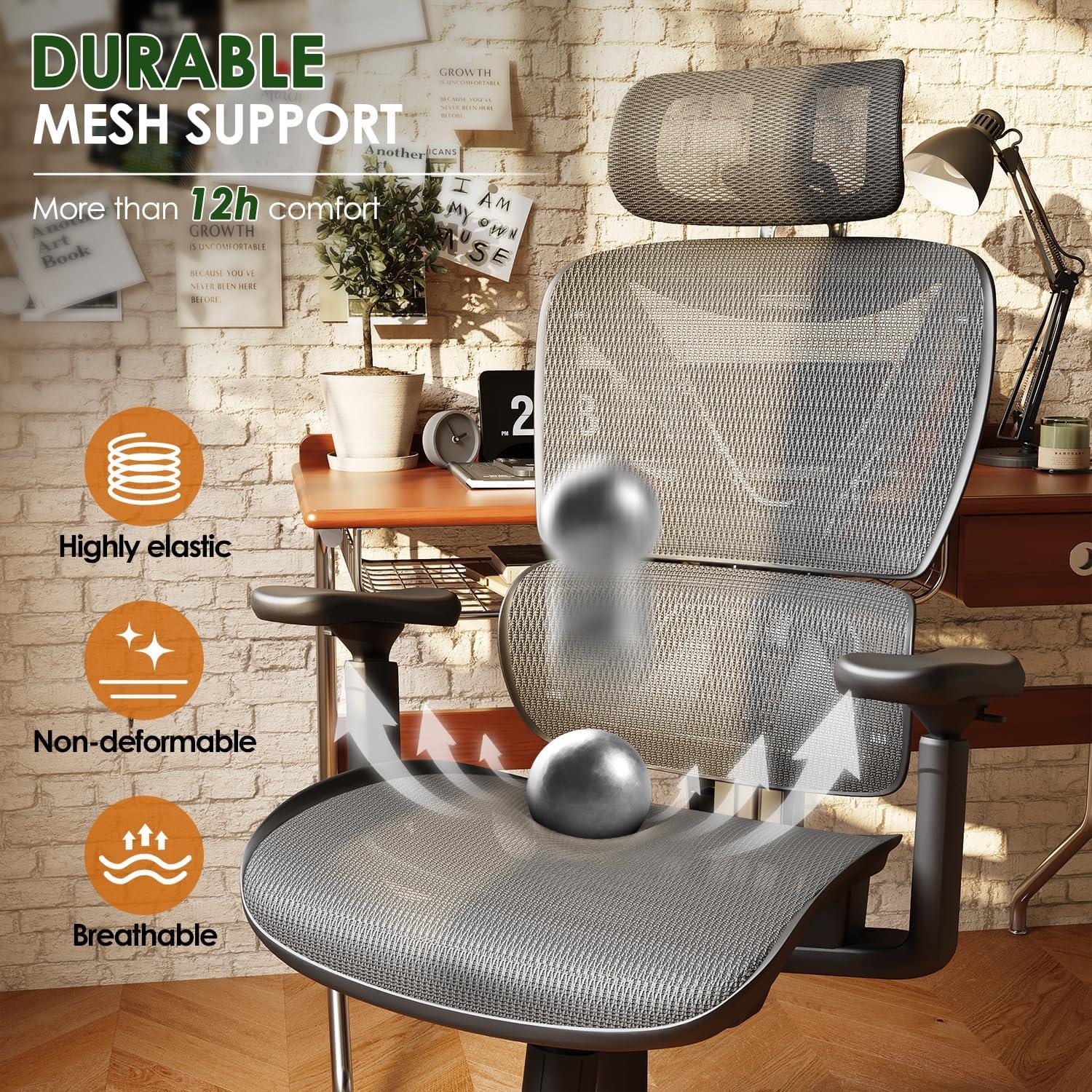 imageGABRYLLY Ergonomic Office Chair with Lumbar Support Big and Tall Mesh Chairs with Adjustable 3D Arms Headrest ampamp Soft Seat Large Desk Chair for Home GamingBlackGrey