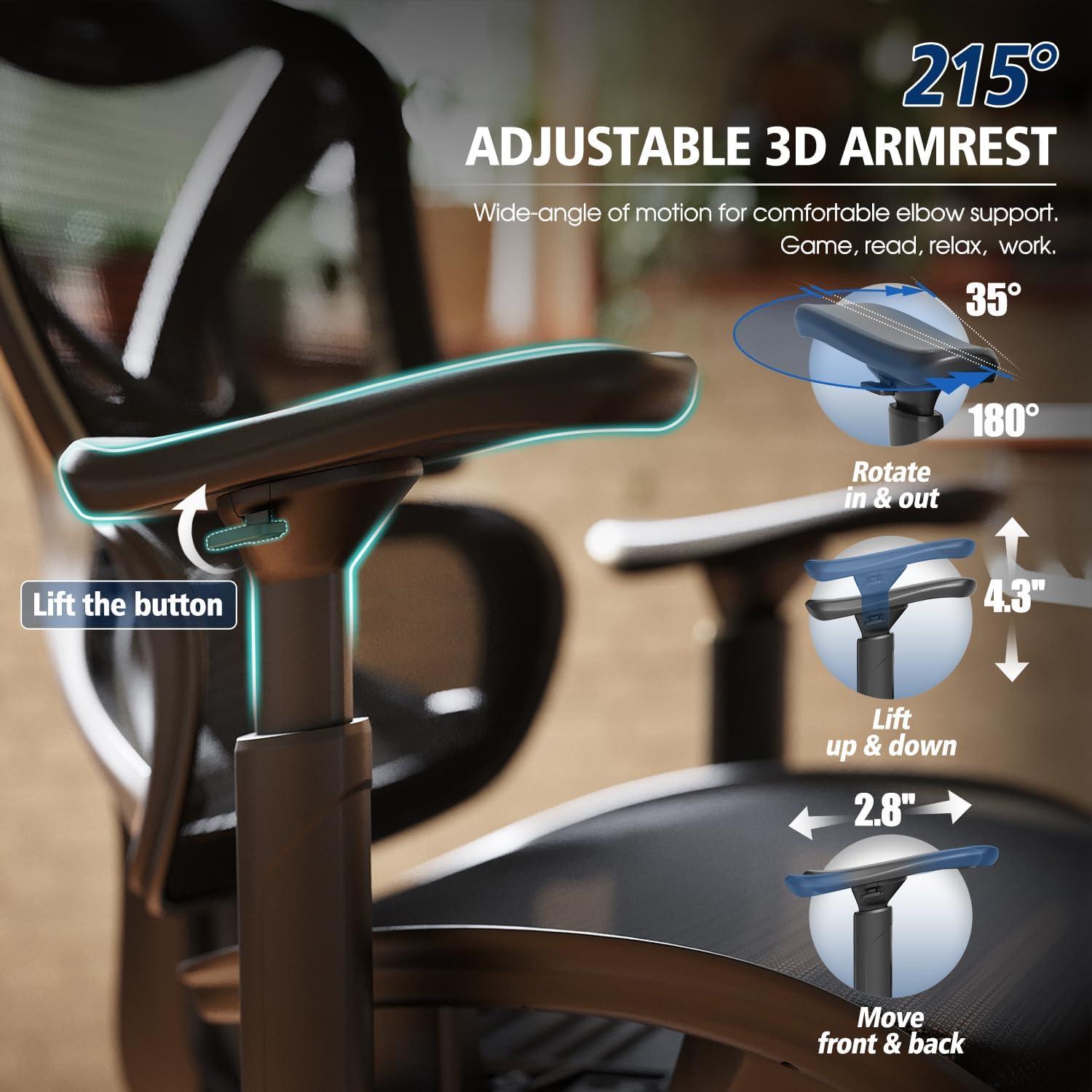 imageGABRYLLY Ergonomic Office Chair with Lumbar Support Big and Tall Mesh Chairs with Adjustable 3D Arms Headrest ampamp Soft Seat Large Desk Chair for Home GamingBlackBlack