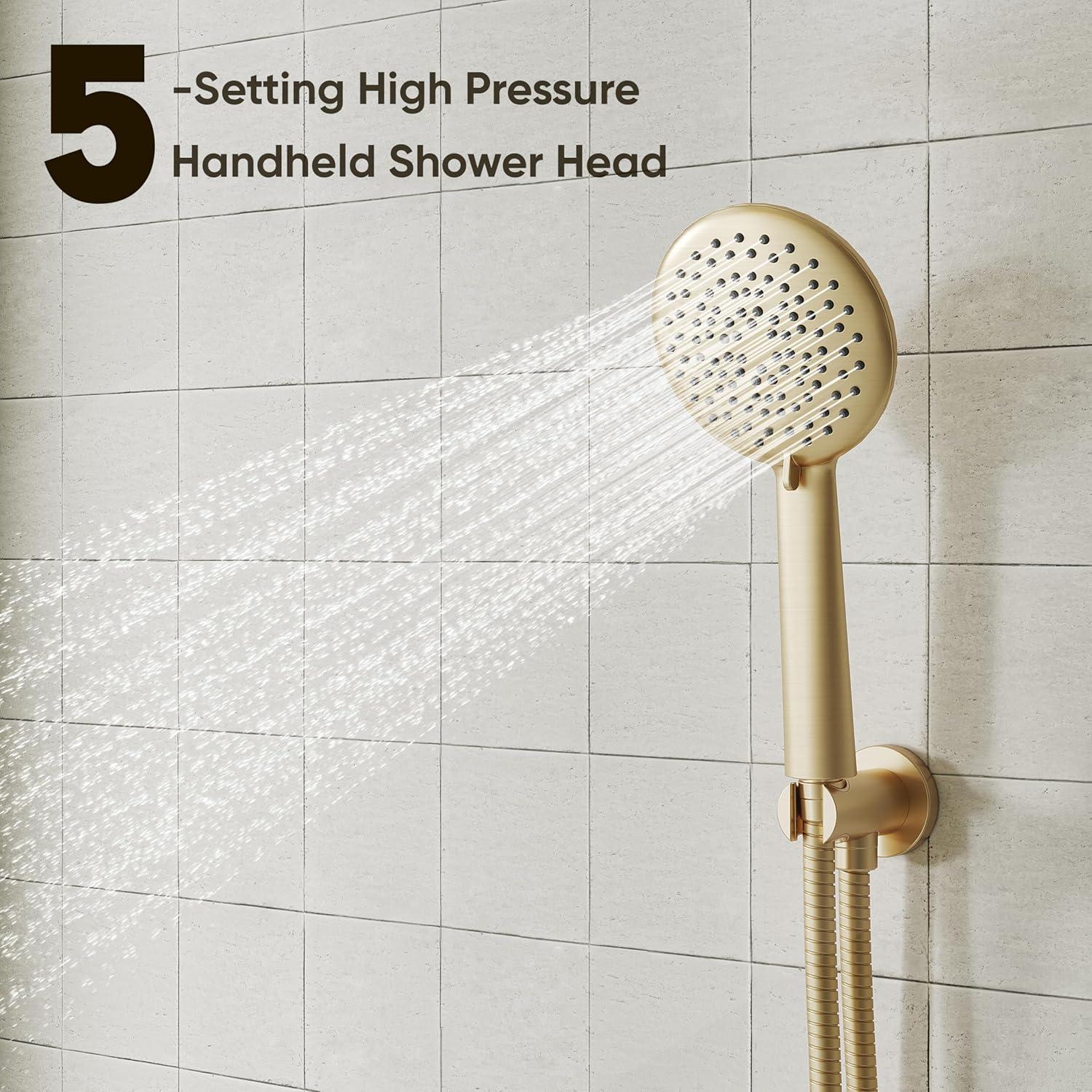 imageGabrylly Gold Shower Head System Shower Faucet Set with Pressure Balance Shower Valve 10 Inch Shower Heads with 5Setting handheld Spray Combo High Pressure Shower Fixtures Brushed GoldBrushed Gold