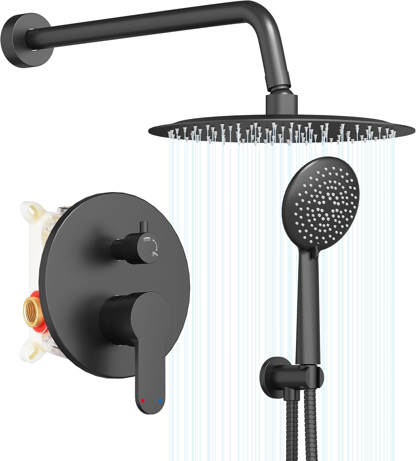 imageGabrylly Gold Shower Head System Shower Faucet Set with Pressure Balance Shower Valve 10 Inch Shower Heads with 5Setting handheld Spray Combo High Pressure Shower Fixtures Brushed GoldMatte Black