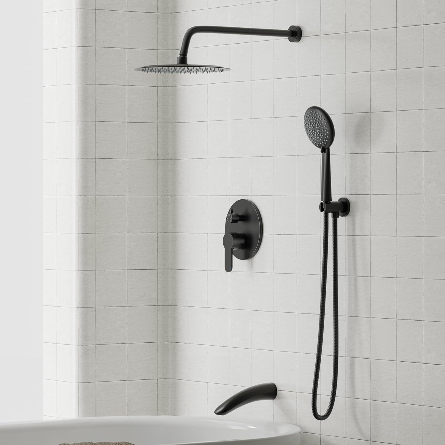 imageGabrylly Gold Shower Head System Shower Faucet Set with Pressure Balance Shower Valve 10 Inch Shower Heads with 5Setting handheld Spray Combo High Pressure Shower Fixtures Brushed GoldMatte Black