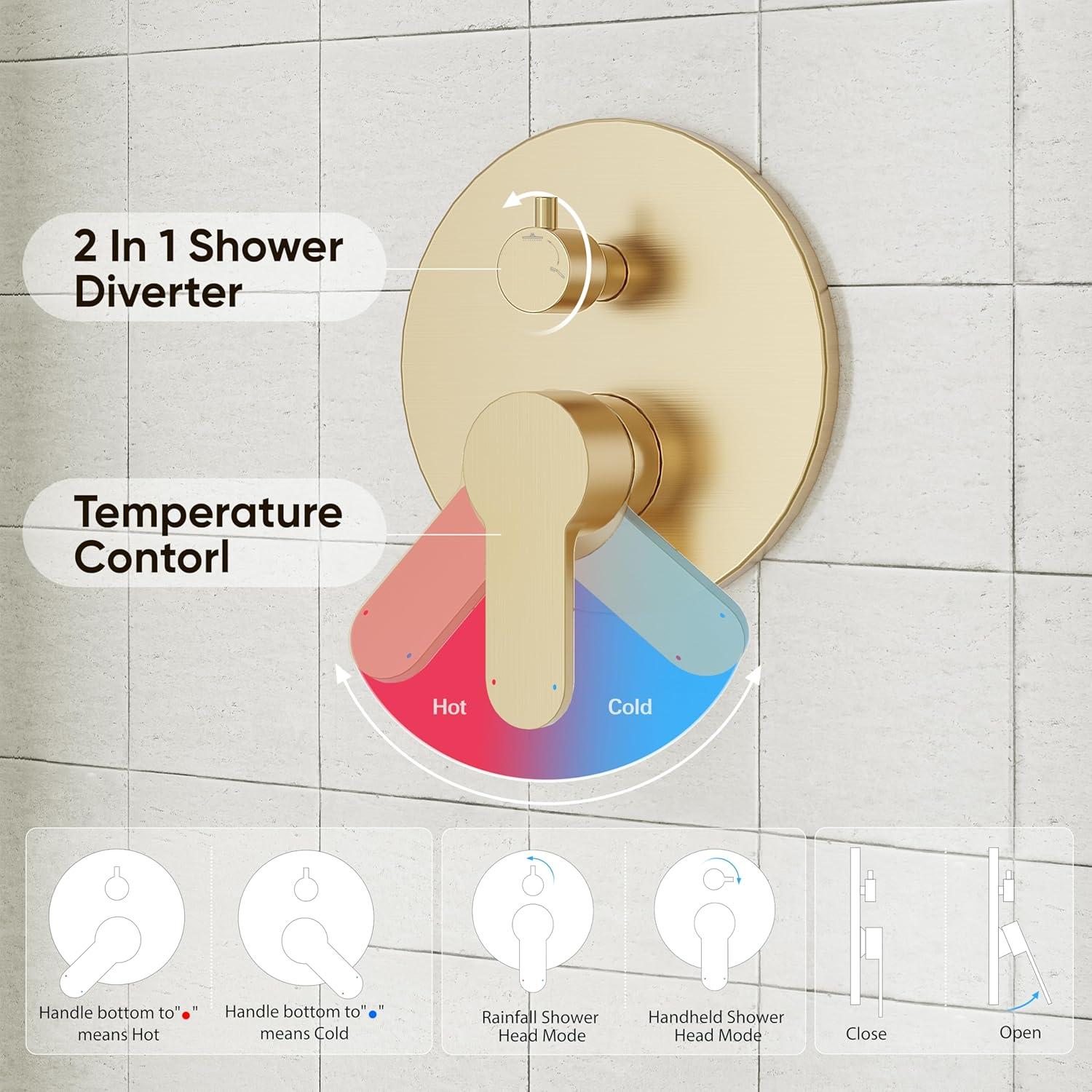 imageGabrylly Gold Shower Head System Shower Faucet Set with Pressure Balance Shower Valve 10 Inch Shower Heads with 5Setting handheld Spray Combo High Pressure Shower Fixtures Brushed GoldBrushed Gold
