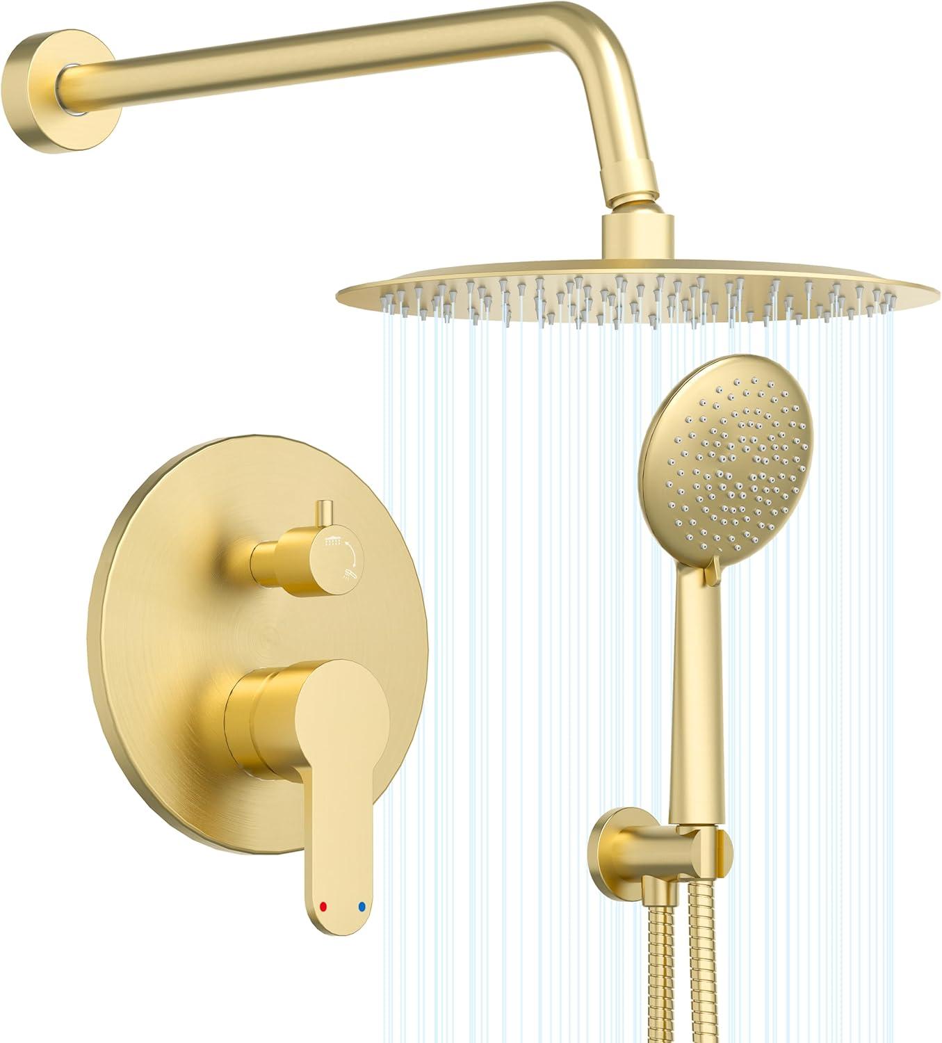 imageGabrylly Gold Shower Head System Shower Faucet Set with Pressure Balance Shower Valve 10 Inch Shower Heads with 5Setting handheld Spray Combo High Pressure Shower Fixtures Brushed GoldBrushed Gold