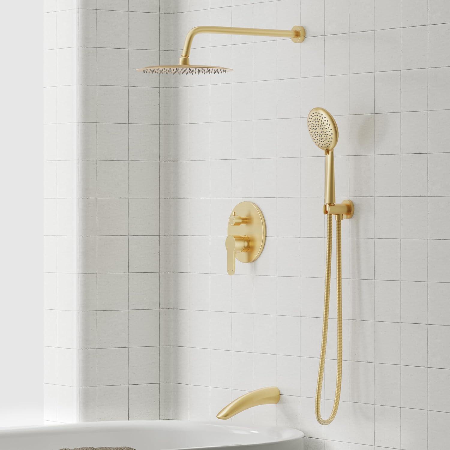 imageGabrylly Gold Shower Head System Shower Faucet Set with Pressure Balance Shower Valve 10 Inch Shower Heads with 5Setting handheld Spray Combo High Pressure Shower Fixtures Brushed GoldBrushed Gold