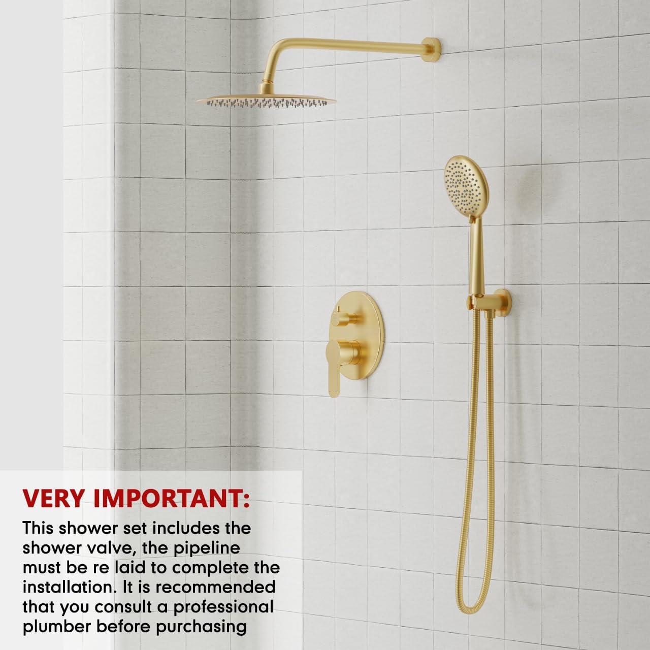 imageGabrylly Gold Shower Head System Shower Faucet Set with Pressure Balance Shower Valve 10 Inch Shower Heads with 5Setting handheld Spray Combo High Pressure Shower Fixtures Brushed GoldBrushed Gold