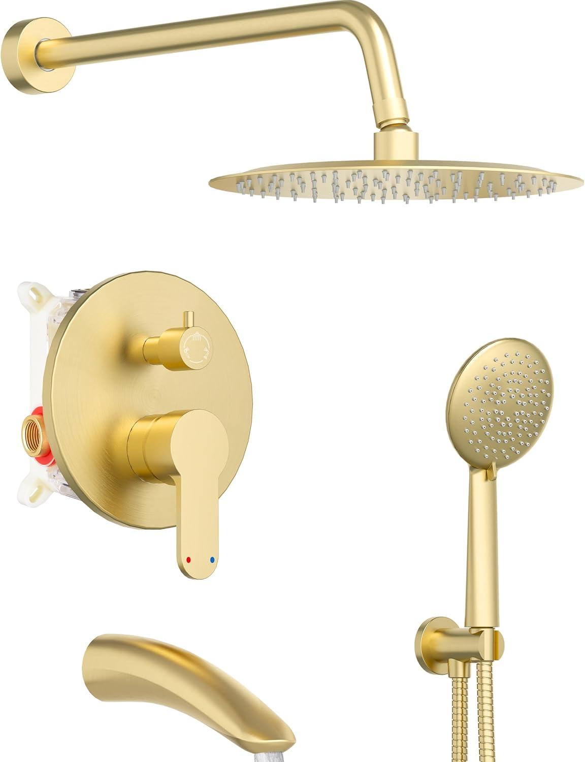 imageGabrylly Gold Shower Head System Shower Faucet Set with Pressure Balance Shower Valve 10 Inch Shower Heads with 5Setting handheld Spray Combo High Pressure Shower Fixtures Brushed GoldBrushed Gold