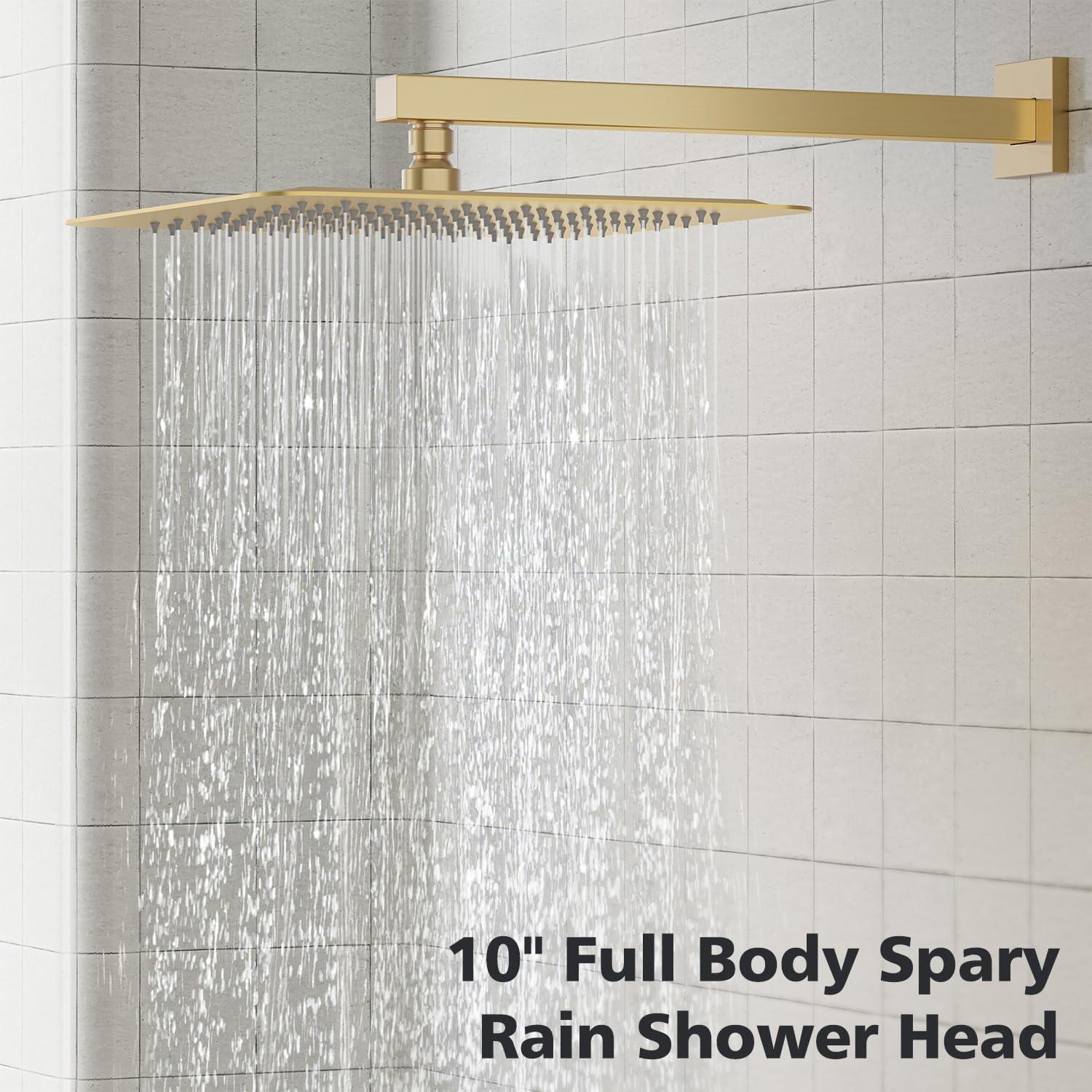 imageGabrylly Gold Shower System HighPressure 10quot Stainless Steel Rain Showerhead with handheld Spray Combo Rainfall Shower Faucet Set Complete 2 Way Valve Included Brushed GoldBrushed Gold