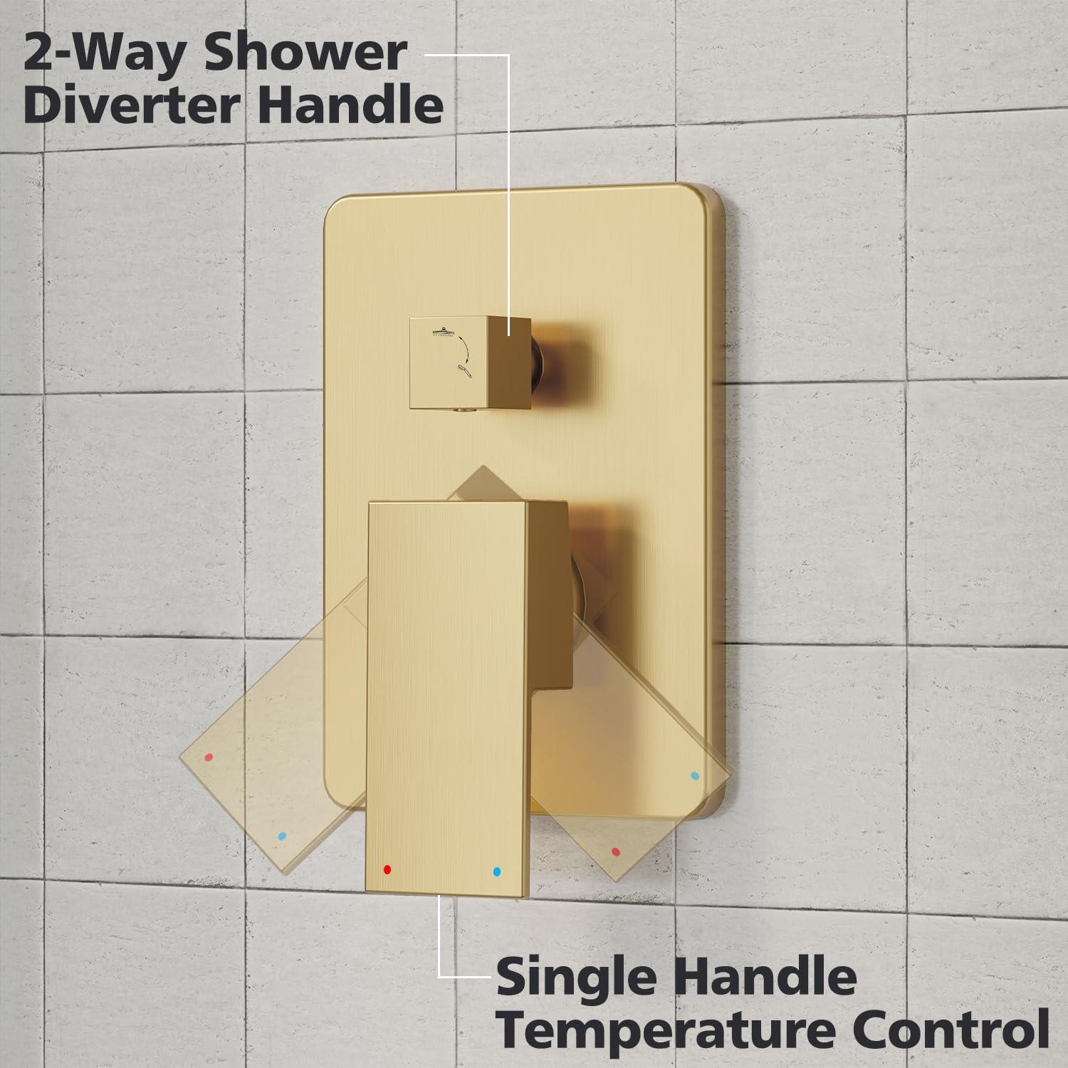 imageGabrylly Gold Shower System HighPressure 10quot Stainless Steel Rain Showerhead with handheld Spray Combo Rainfall Shower Faucet Set Complete 2 Way Valve Included Brushed GoldBrushed Gold