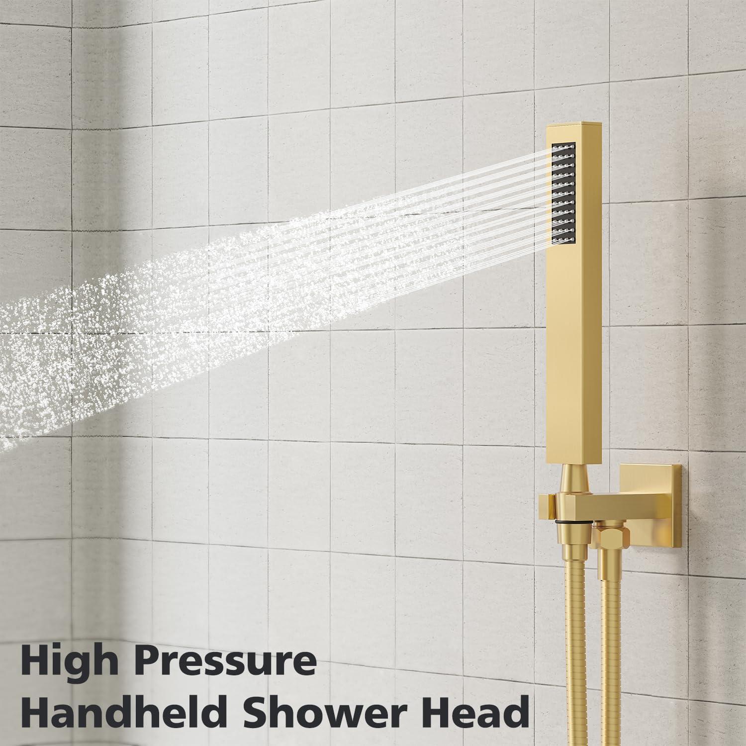 imageGabrylly Gold Shower System HighPressure 10quot Stainless Steel Rain Showerhead with handheld Spray Combo Rainfall Shower Faucet Set Complete 2 Way Valve Included Brushed GoldBrushed Gold