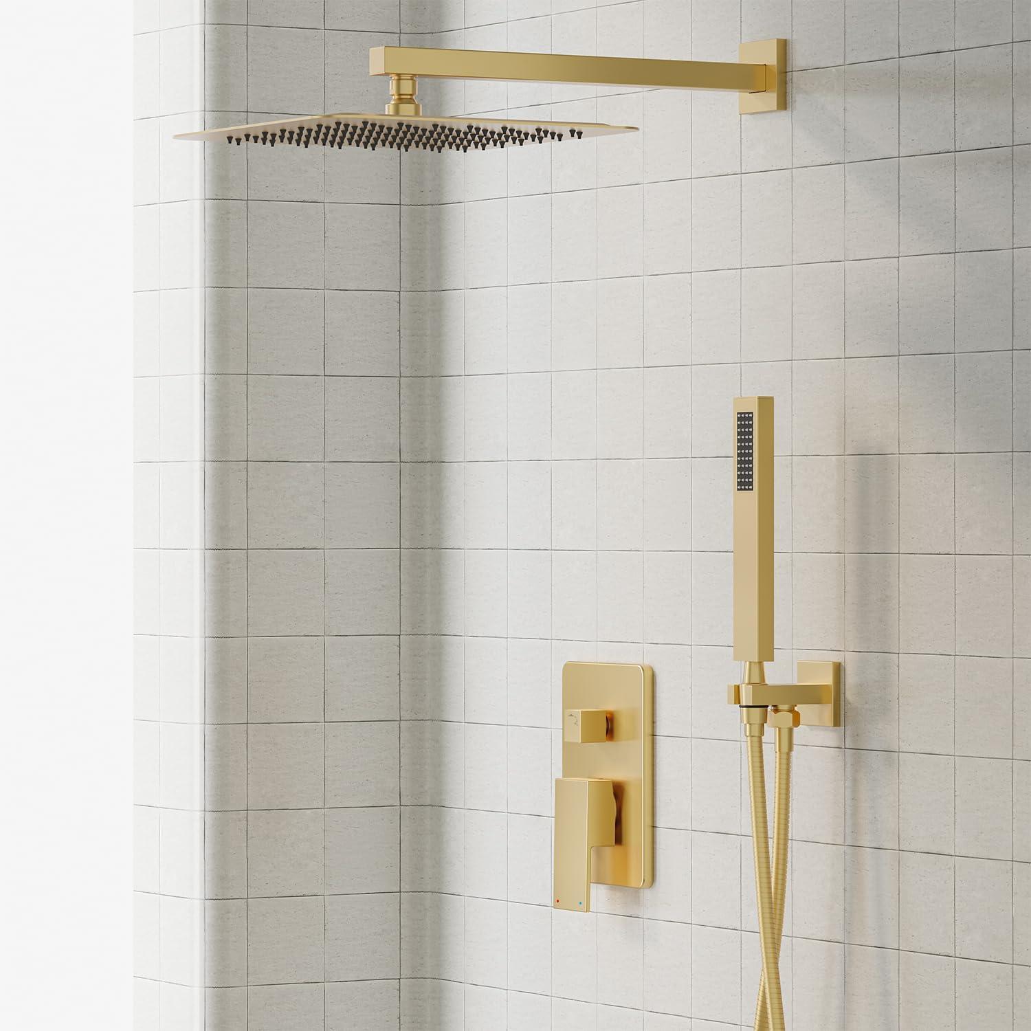 imageGabrylly Gold Shower System HighPressure 10quot Stainless Steel Rain Showerhead with handheld Spray Combo Rainfall Shower Faucet Set Complete 2 Way Valve Included Brushed GoldBrushed Gold
