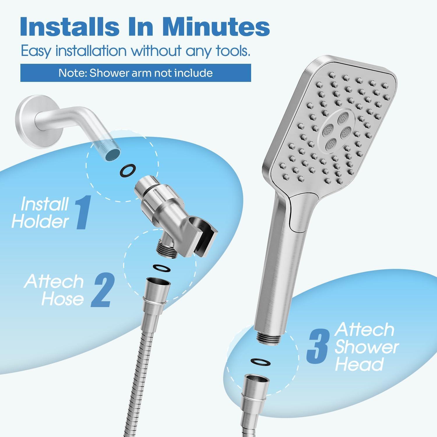 imageGabrylly Shower Head with handheld High Pressure 3Setting Handheld Shower Head Set with 59quot Stainless Steel Shower Hose and Angle Adjustable Bracket Brushed NickelBrushed Nickel
