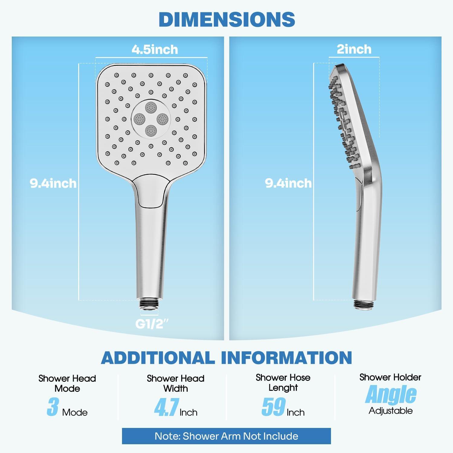 imageGabrylly Shower Head with handheld High Pressure 3Setting Handheld Shower Head Set with 59quot Stainless Steel Shower Hose and Angle Adjustable Bracket Brushed NickelBrushed Nickel