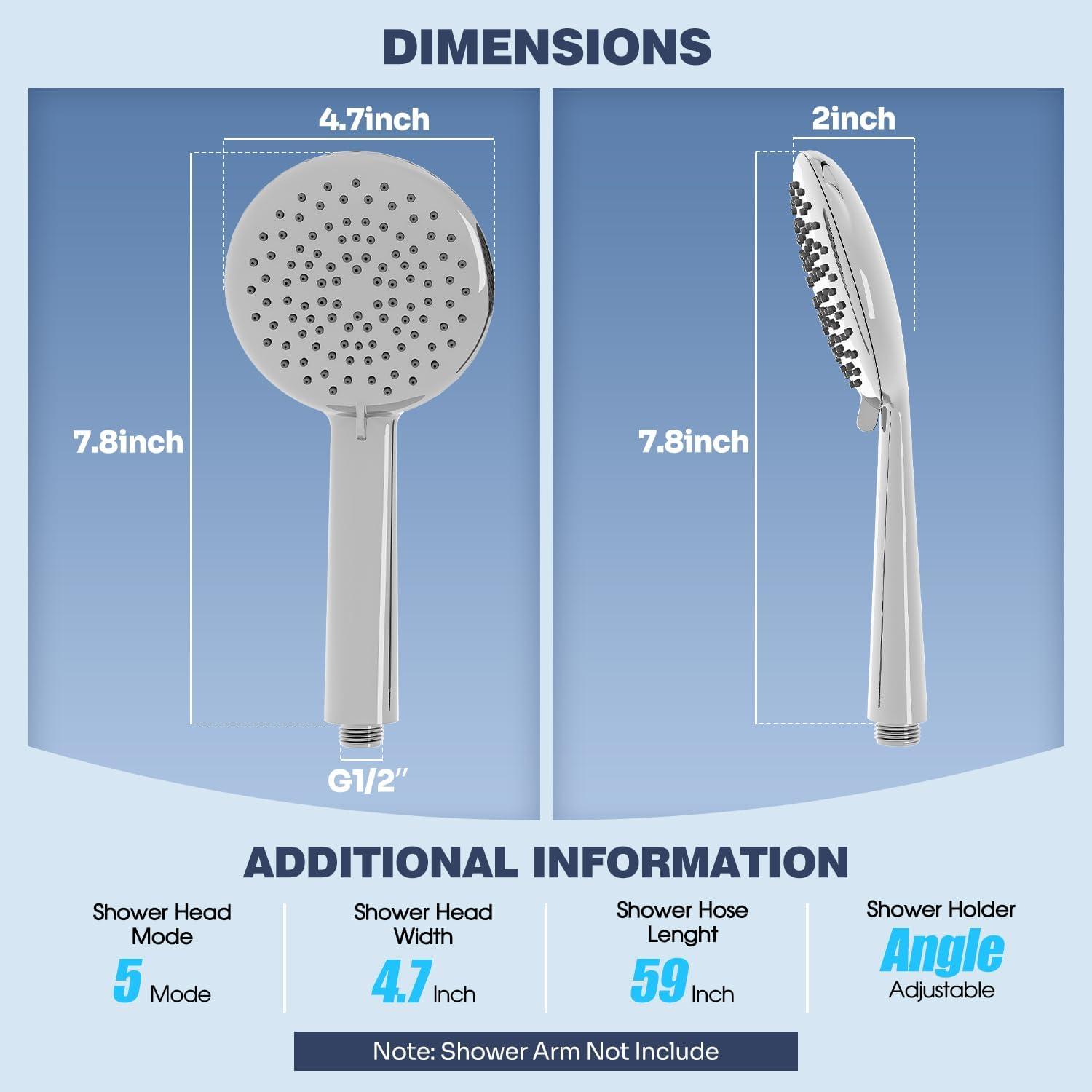 imageGabrylly Shower Head with handheld High Pressure 5Setting Handheld Shower Head Set with 59quot Stainless Steel Shower Hose and Angle Adjustable Bracket Brushed NickelChrome