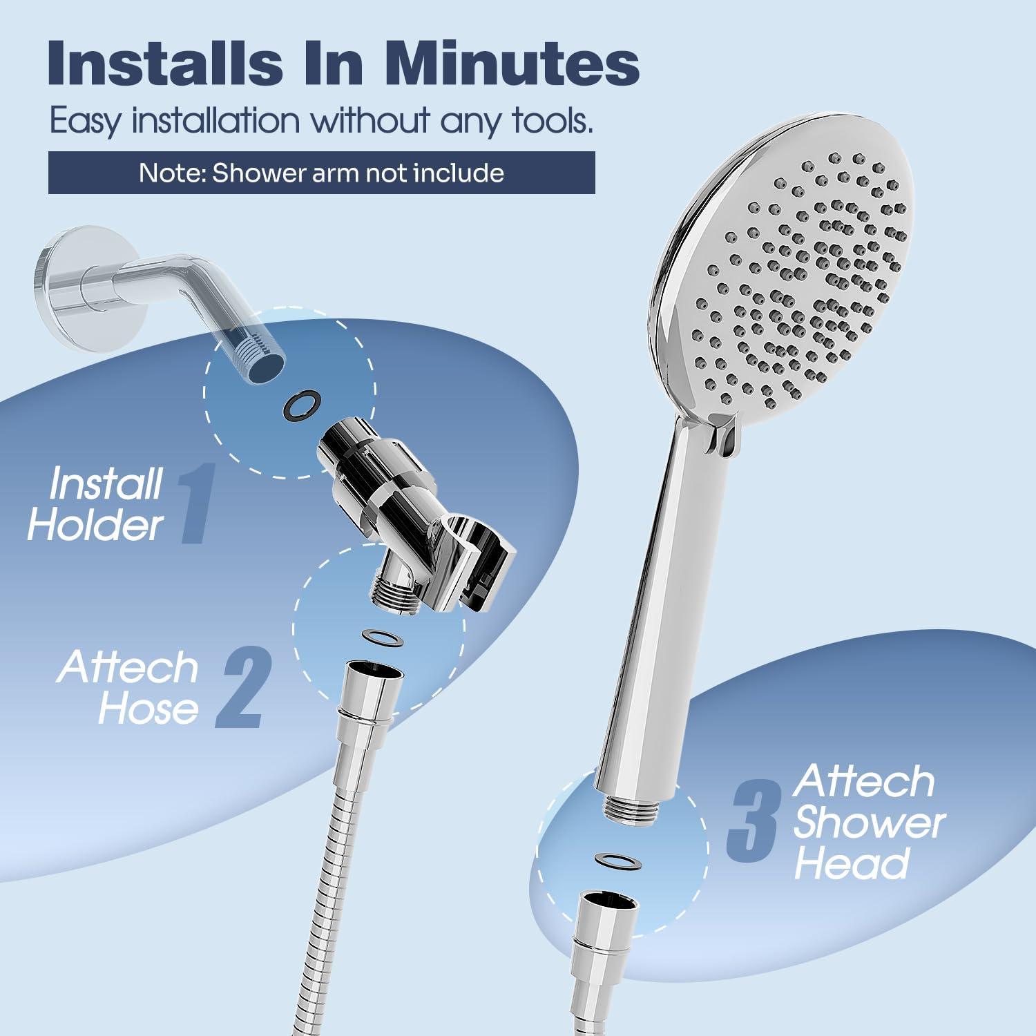 imageGabrylly Shower Head with handheld High Pressure 5Setting Handheld Shower Head Set with 59quot Stainless Steel Shower Hose and Angle Adjustable Bracket Brushed NickelChrome