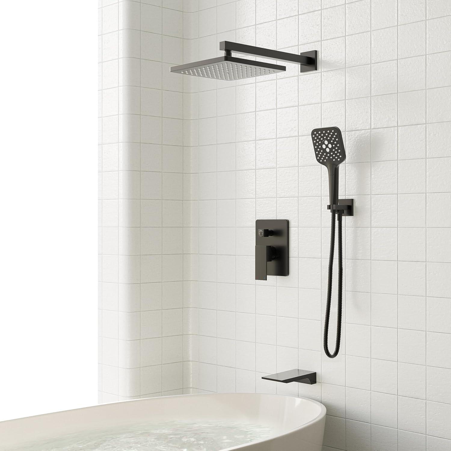 imageGabrylly Shower System 10 Inches Rain Shower Heads with Handheld Spray Combo Wall Mounted Shower Faucets Sets Complete with Shower Valve Kit Shower Head and Handle Set Matte BlackMatte Black
