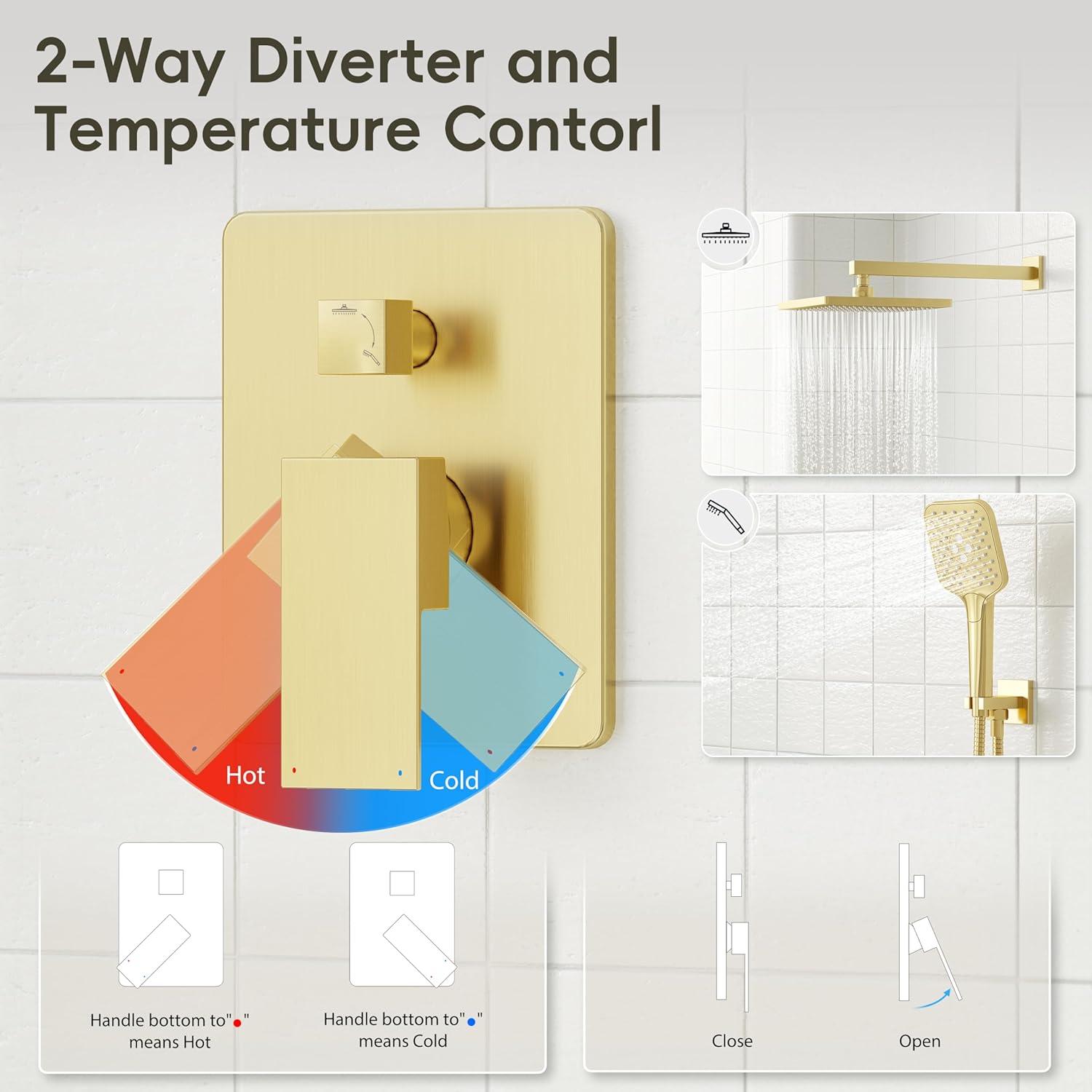 imageGabrylly Shower System 10 Inches Rain Shower Heads with Handheld Spray Combo Wall Mounted Shower Faucets Sets Complete with Shower Valve Kit Shower Head and Handle Set Matte Blackbrushed gold