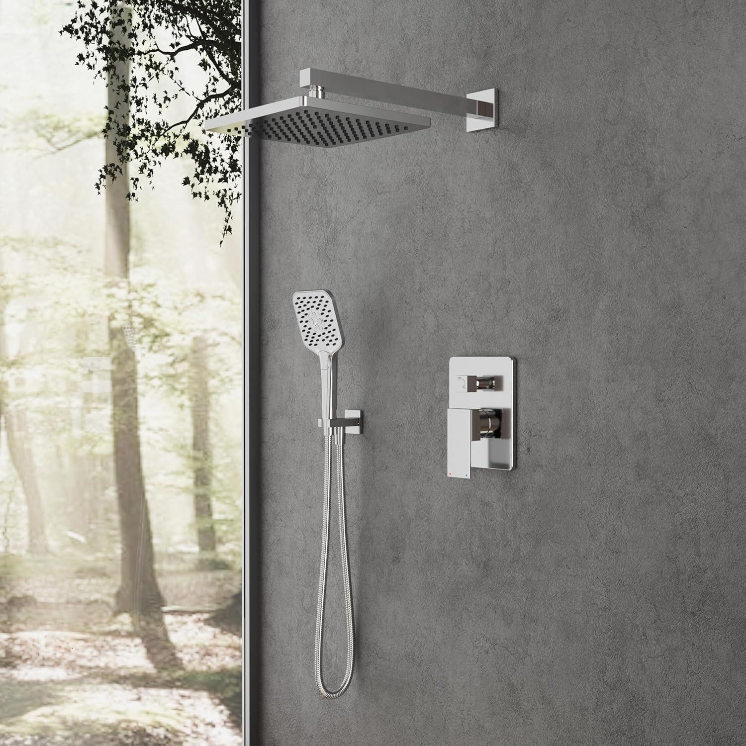 imageGabrylly Shower System 10 Inches Rain Shower Heads with Handheld Spray Combo Wall Mounted Shower Faucets Sets Complete with Shower Valve Kit Shower Head and Handle Set Matte BlackChrome