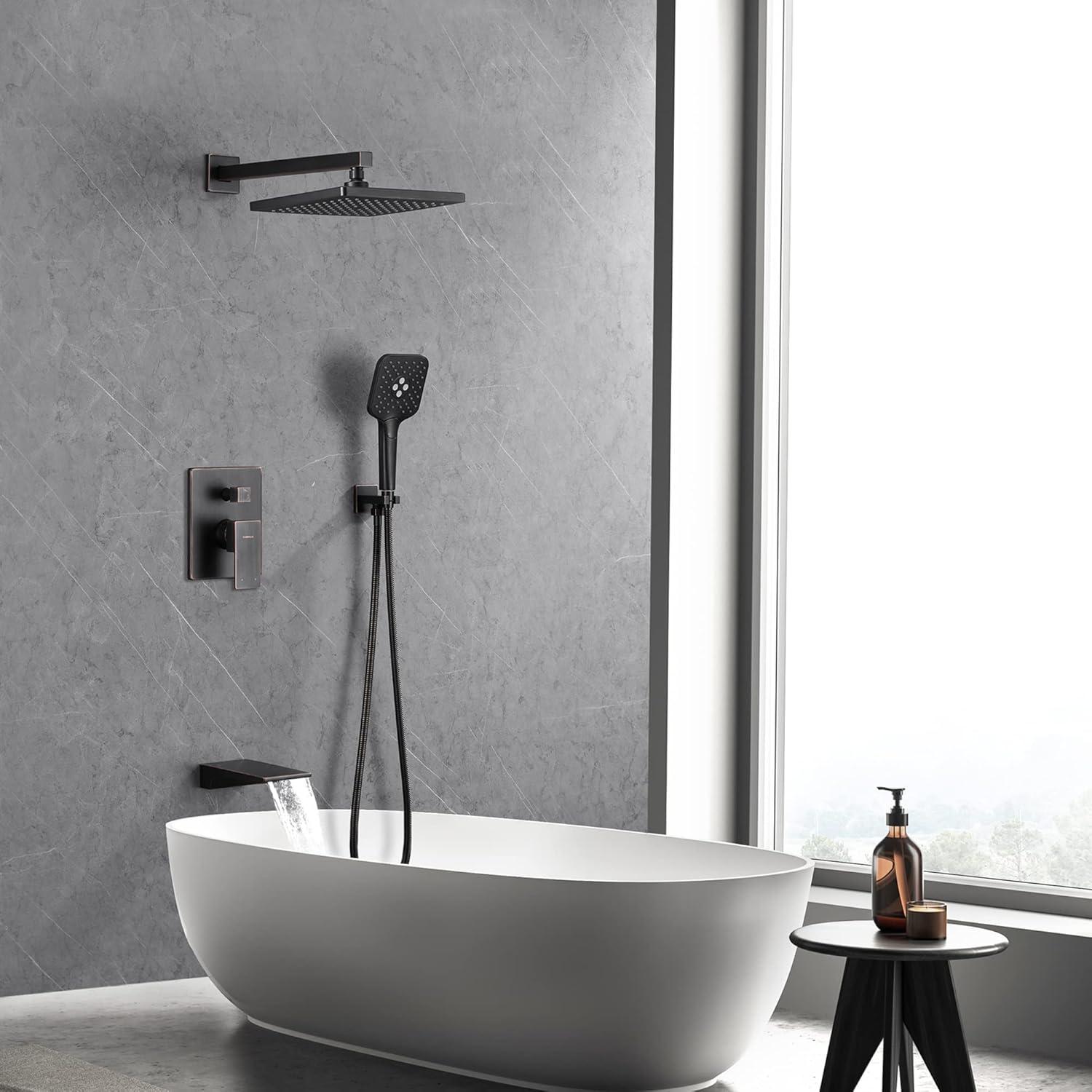 imageGabrylly Shower System 10 Inches Rain Shower Heads with Handheld Spray Combo Wall Mounted Shower Faucets Sets Complete with Shower Valve Kit Shower Head and Handle Set Matte BlackOil Rubbed Bronze