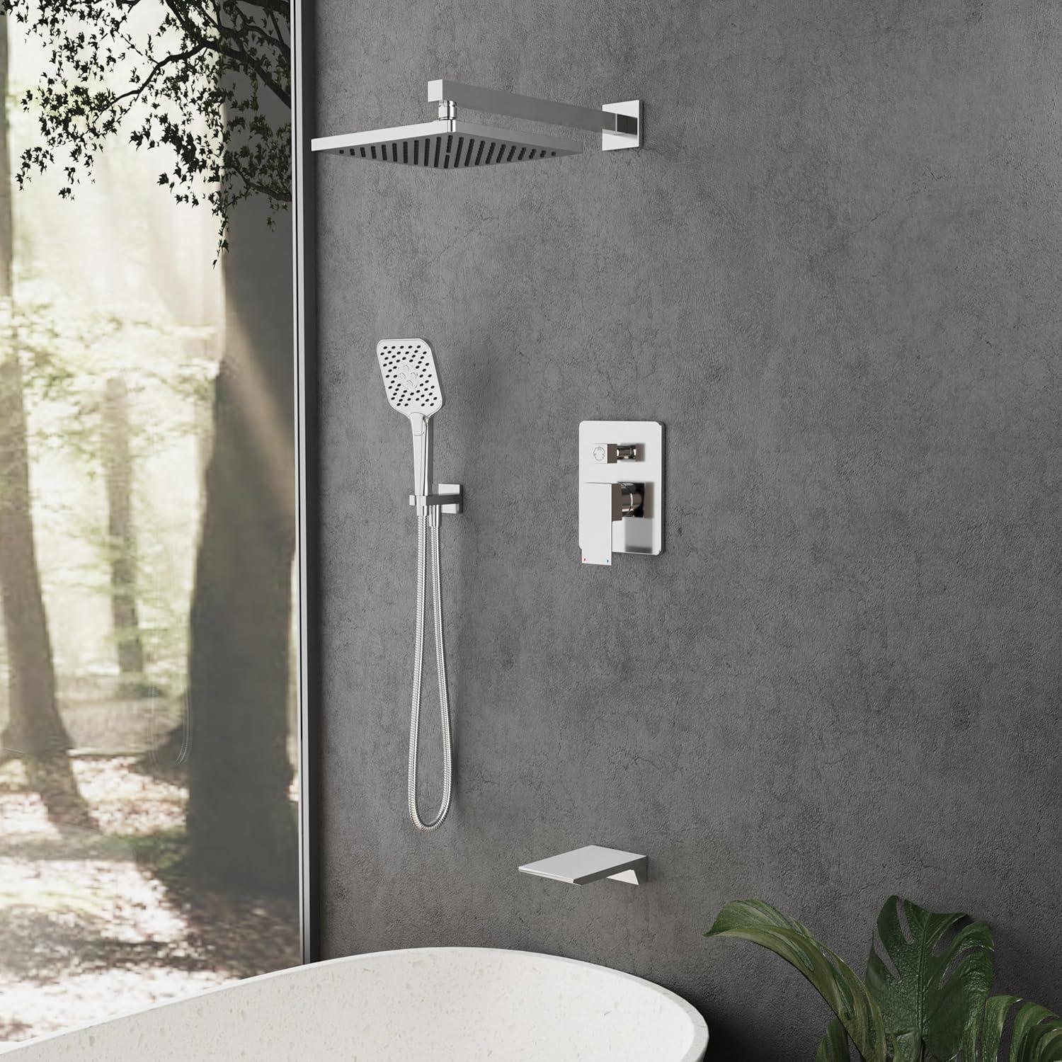 imageGabrylly Shower System 10 Inches Rain Shower Heads with Handheld Spray Combo Wall Mounted Shower Faucets Sets Complete with Shower Valve Kit Shower Head and Handle Set Matte BlackChrome