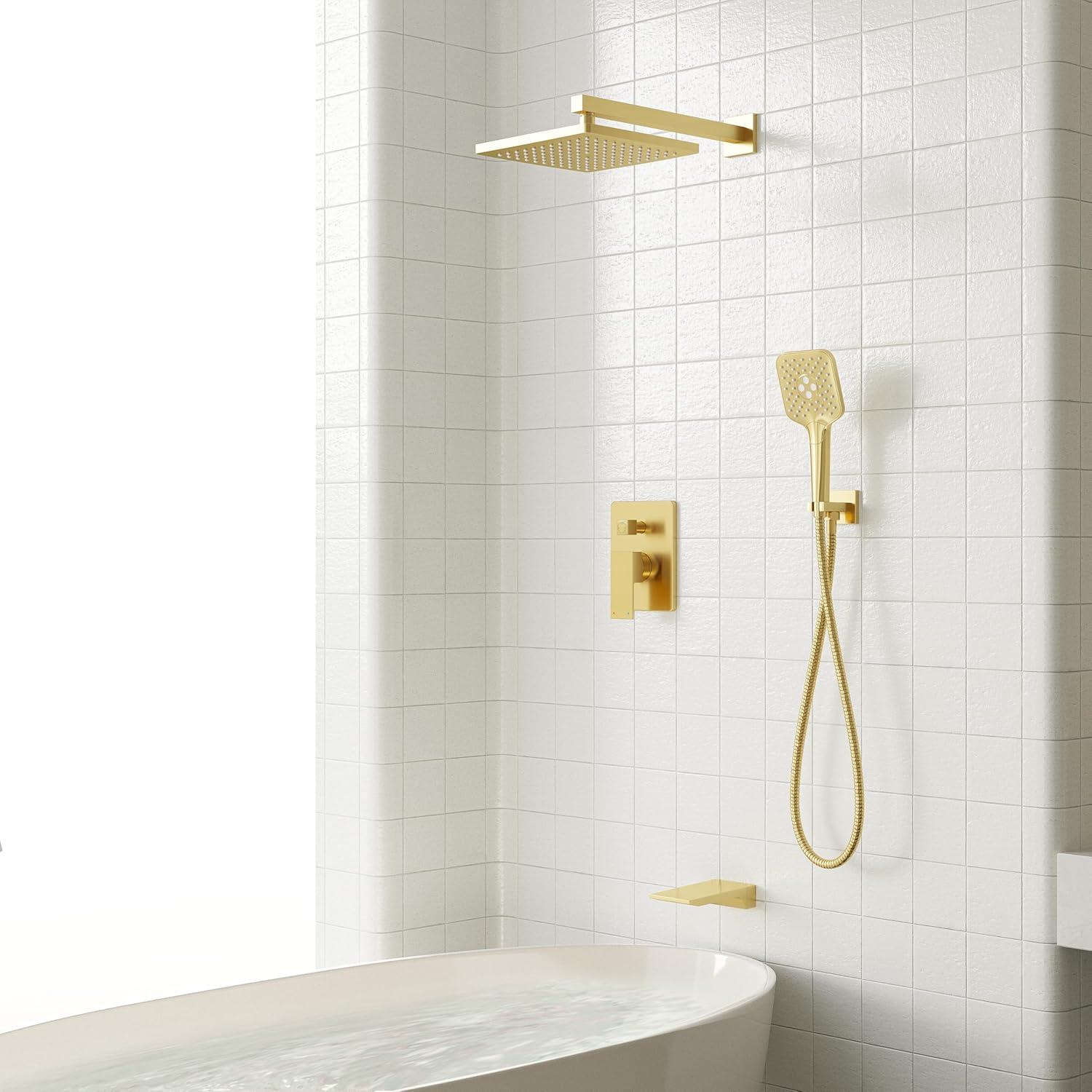 imageGabrylly Shower System 10 Inches Rain Shower Heads with Handheld Spray Combo Wall Mounted Shower Faucets Sets Complete with Shower Valve Kit Shower Head and Handle Set Matte Blackbrushed gold