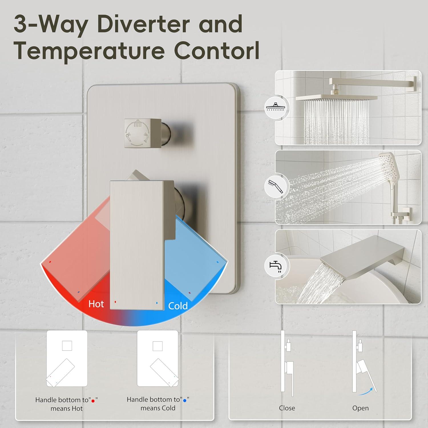 imageGabrylly Shower System 10 Inches Rain Shower Heads with Handheld Spray Combo Wall Mounted Shower Faucets Sets Complete with Shower Valve Kit Shower Head and Handle Set Matte BlackBrushed Nickel