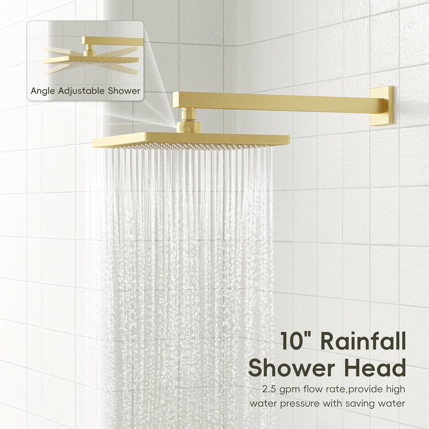 imageGabrylly Shower System 10 Inches Rain Shower Heads with Handheld Spray Combo Wall Mounted Shower Faucets Sets Complete with Shower Valve Kit Shower Head and Handle Set Matte Blackbrushed gold